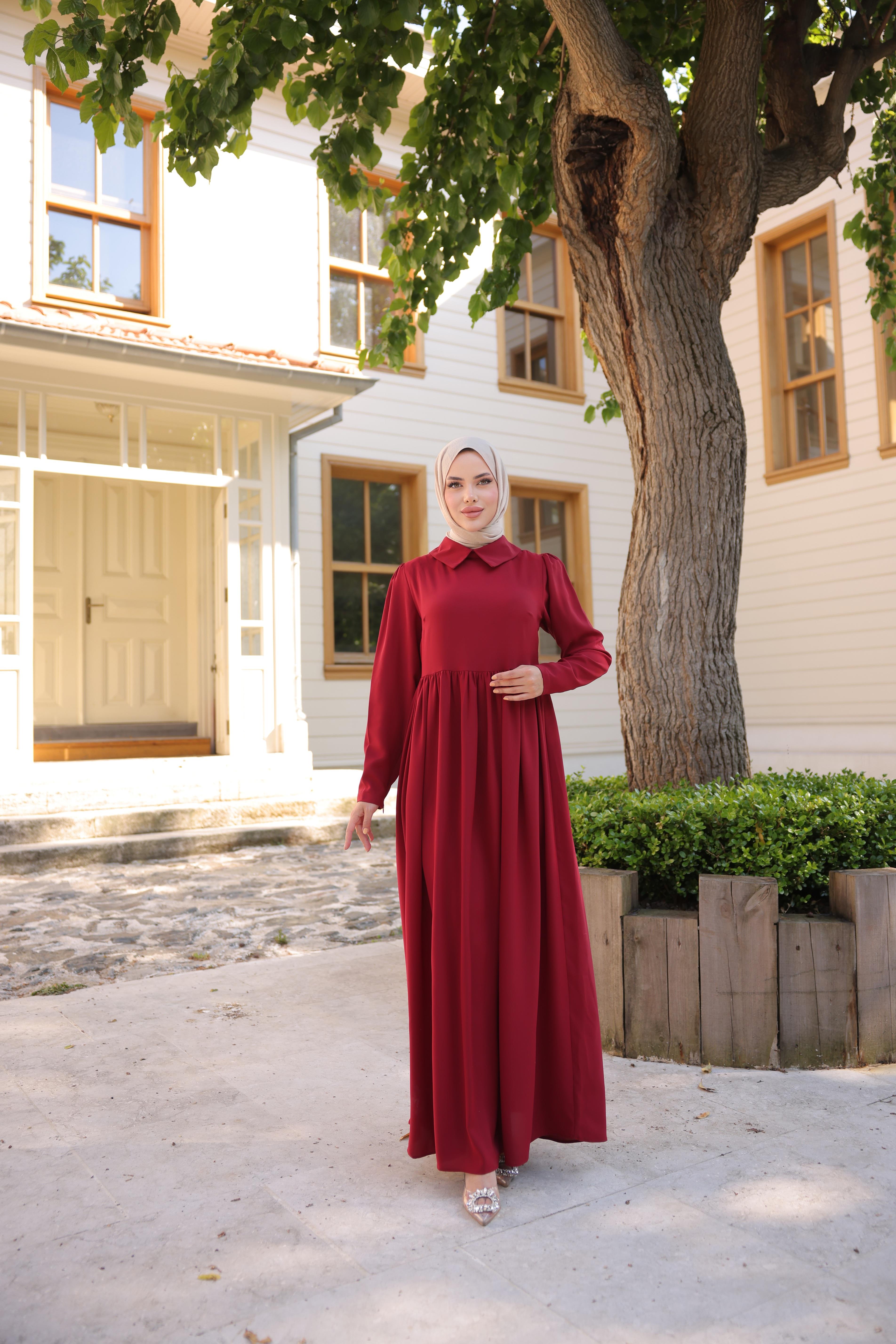 Bordo Pelerinli Elbise 5084