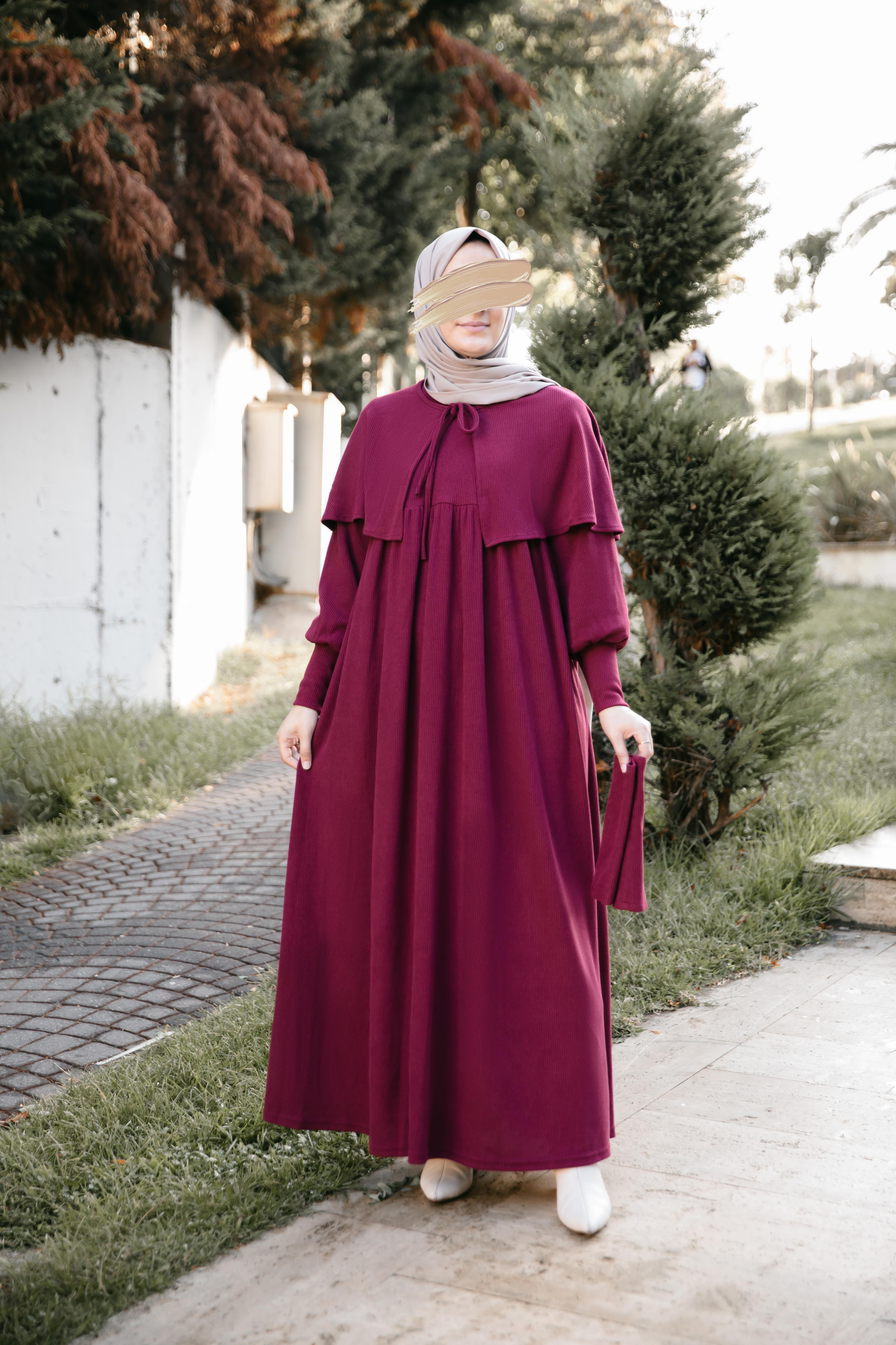 Bordo Pelerinli Elbise 5108