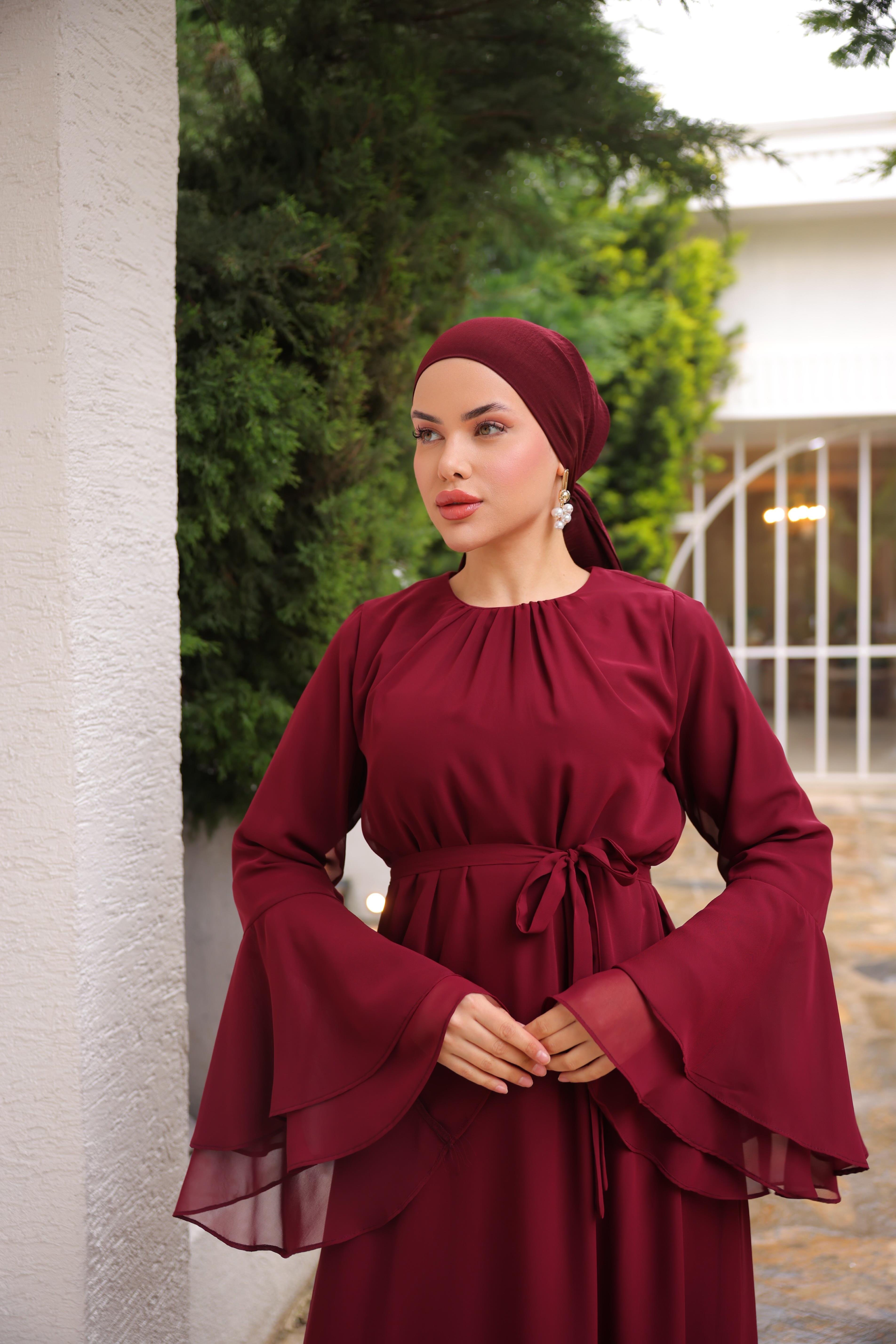 Bordo Şifon Elbise 5088