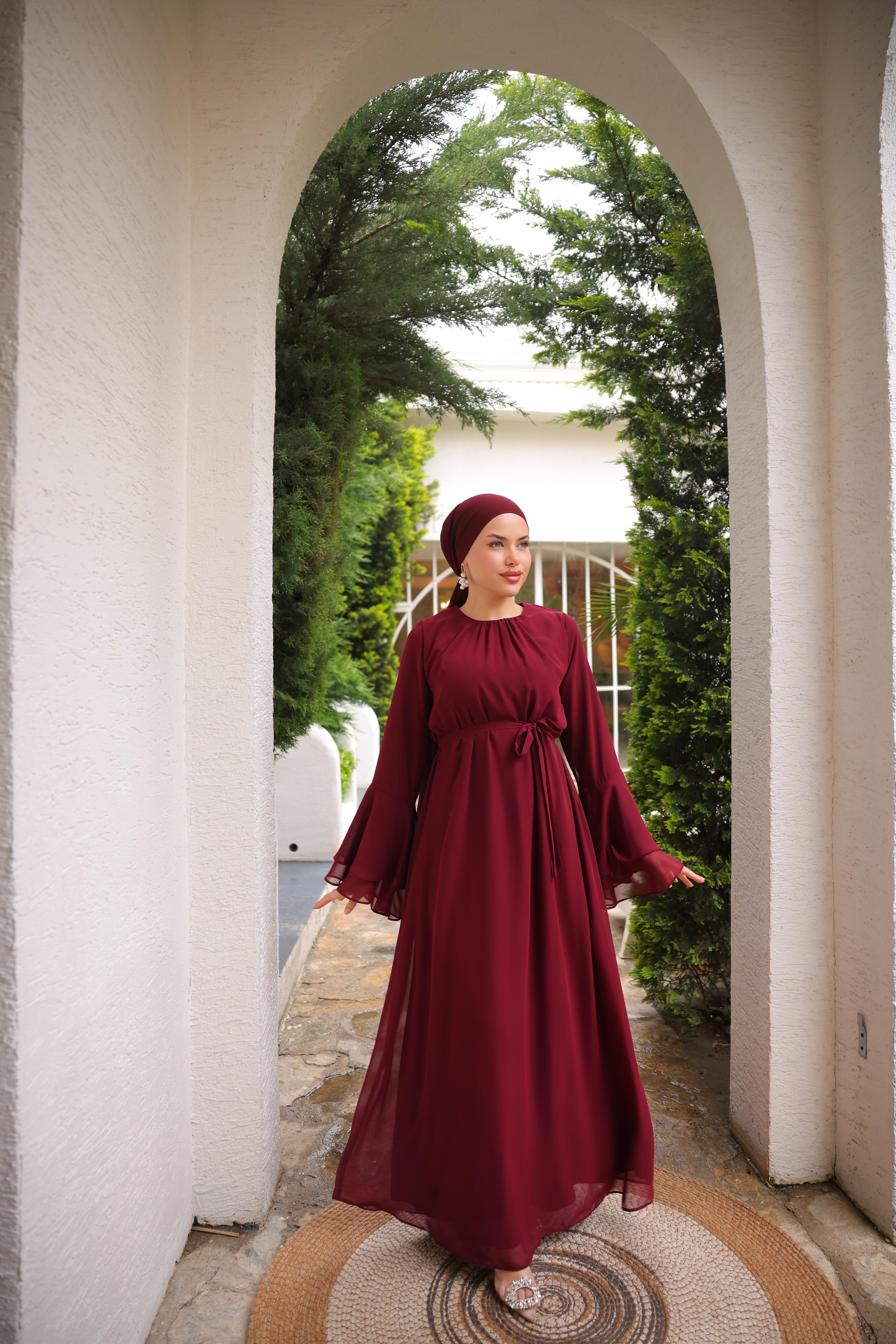Bordo Şifon Elbise 5088