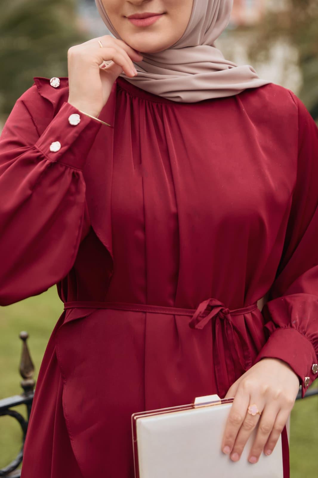 Bordo Volanlı Elbise 5116