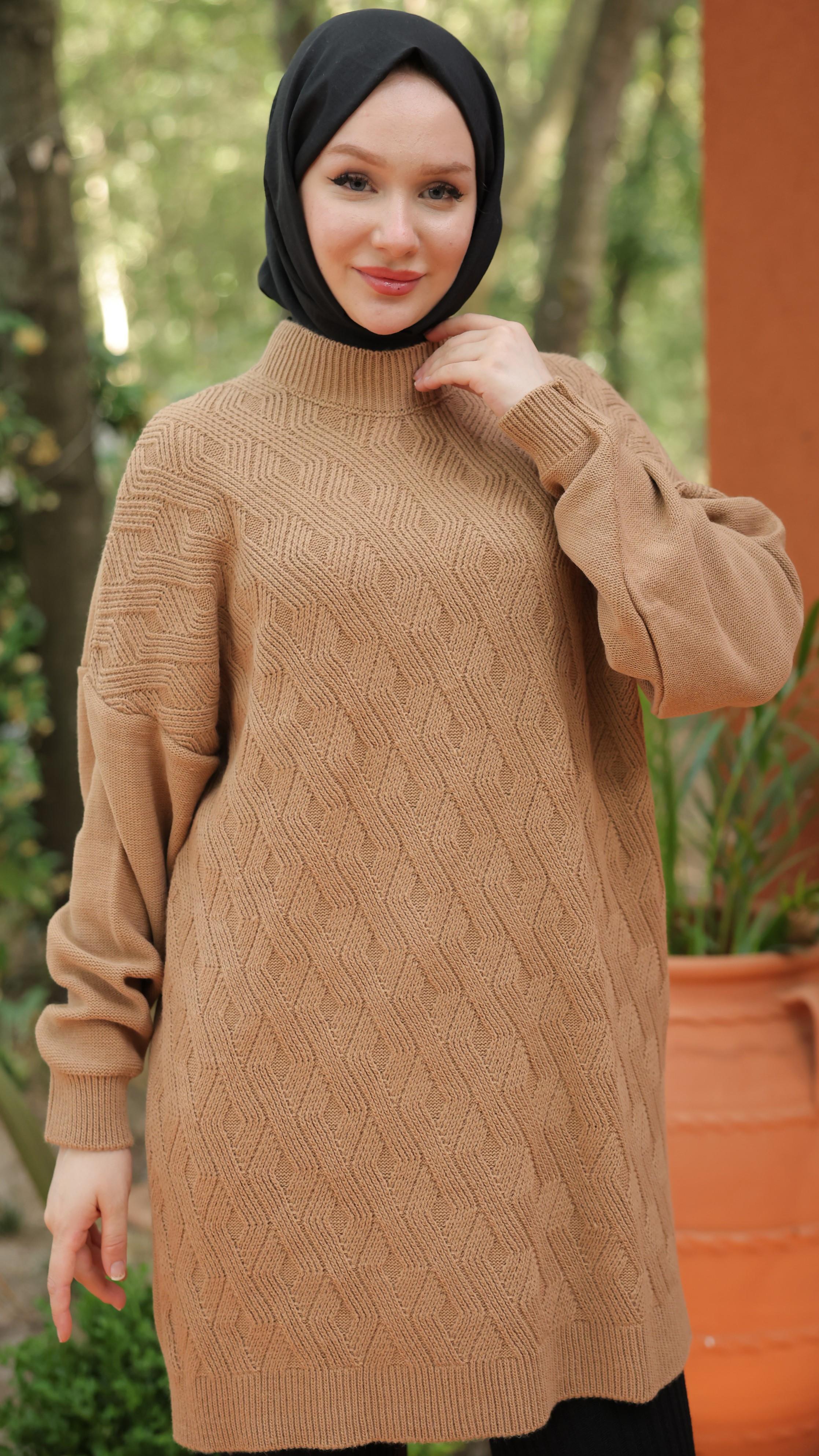 Camel Düşük Omuz Desenli Triko Tunik 7013