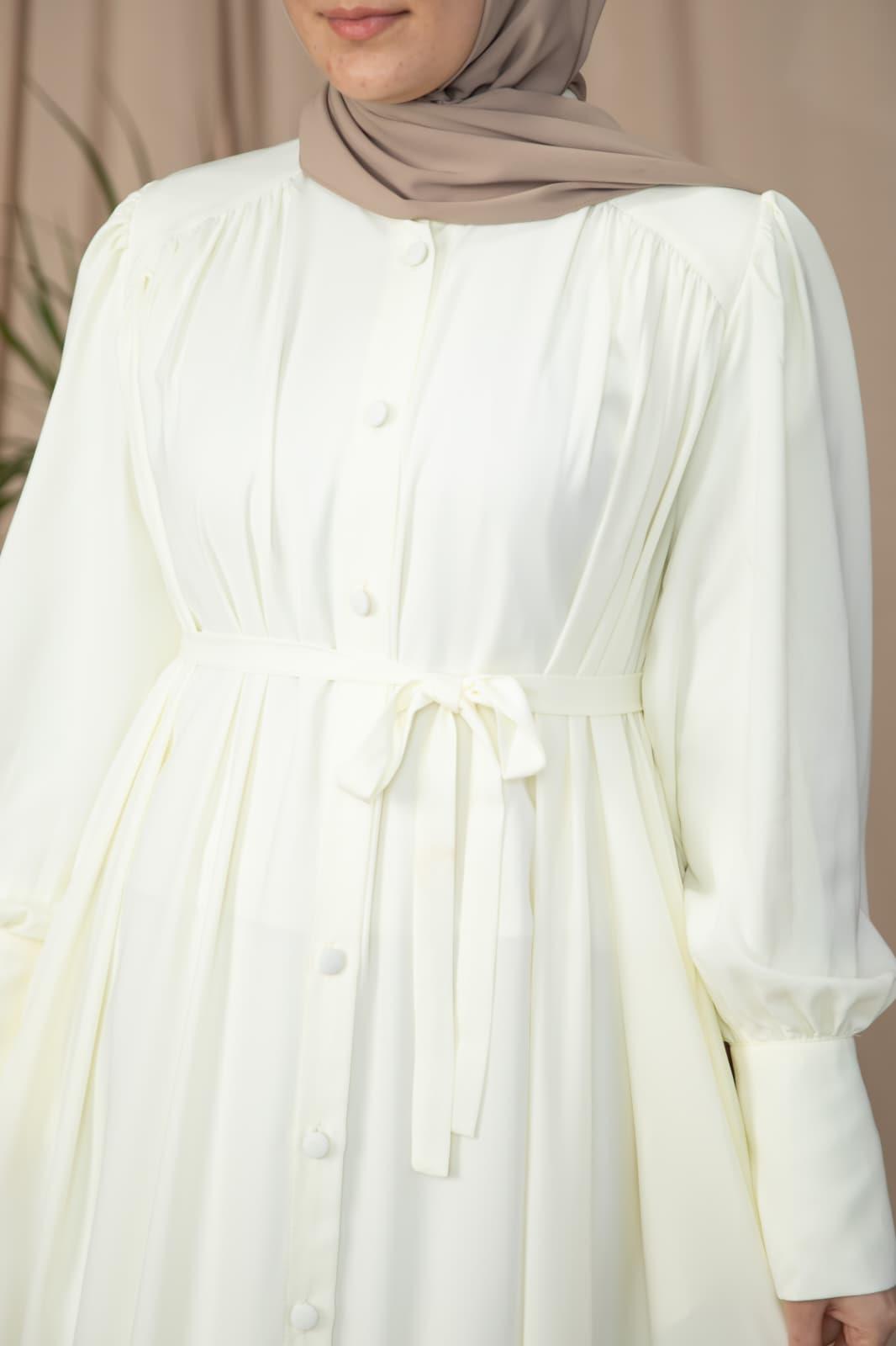 Ekru Boydan Kaplama Düğmeli Ferace 5130