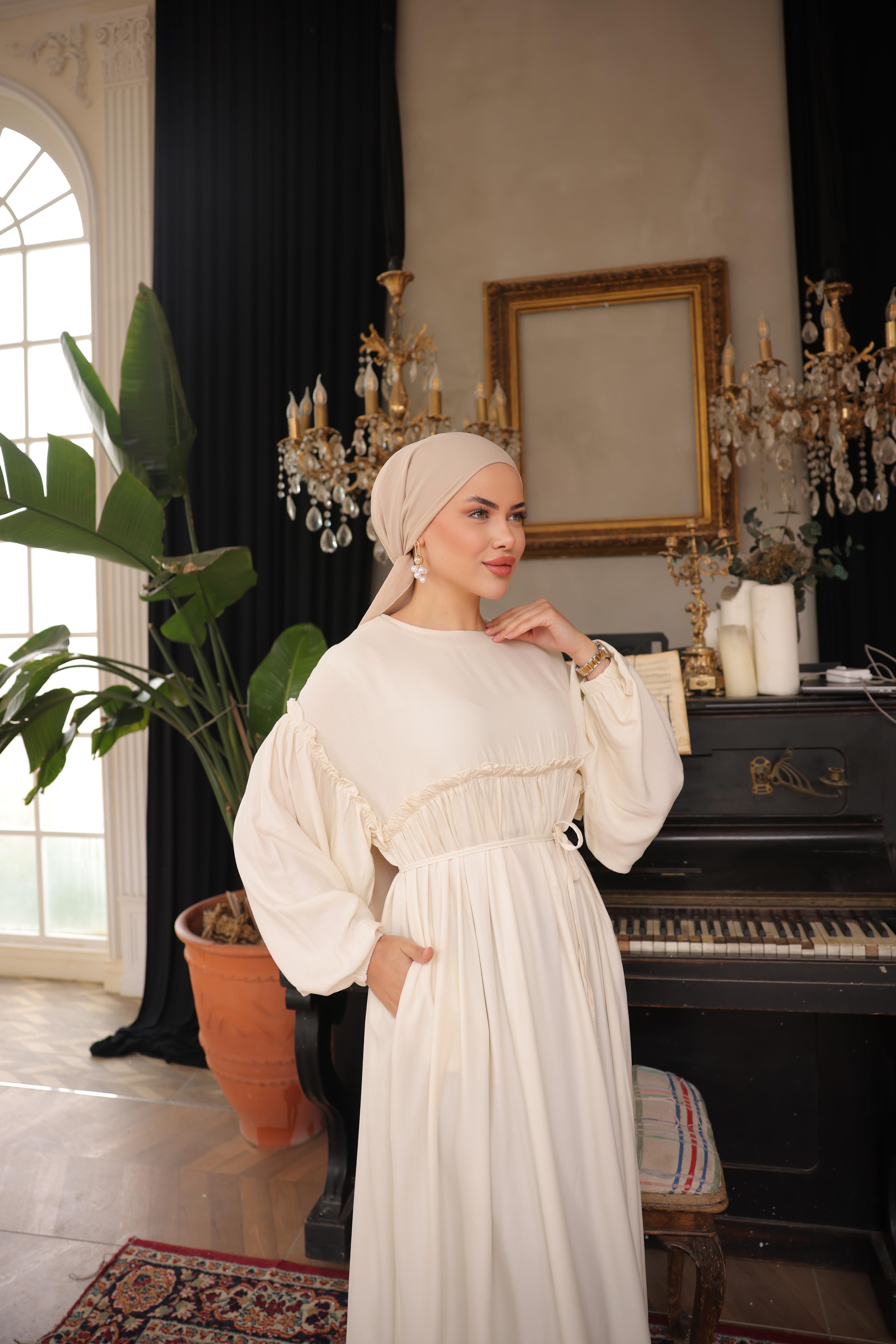 Ekru Robalı Büzgülü Oversize Elbise 5093