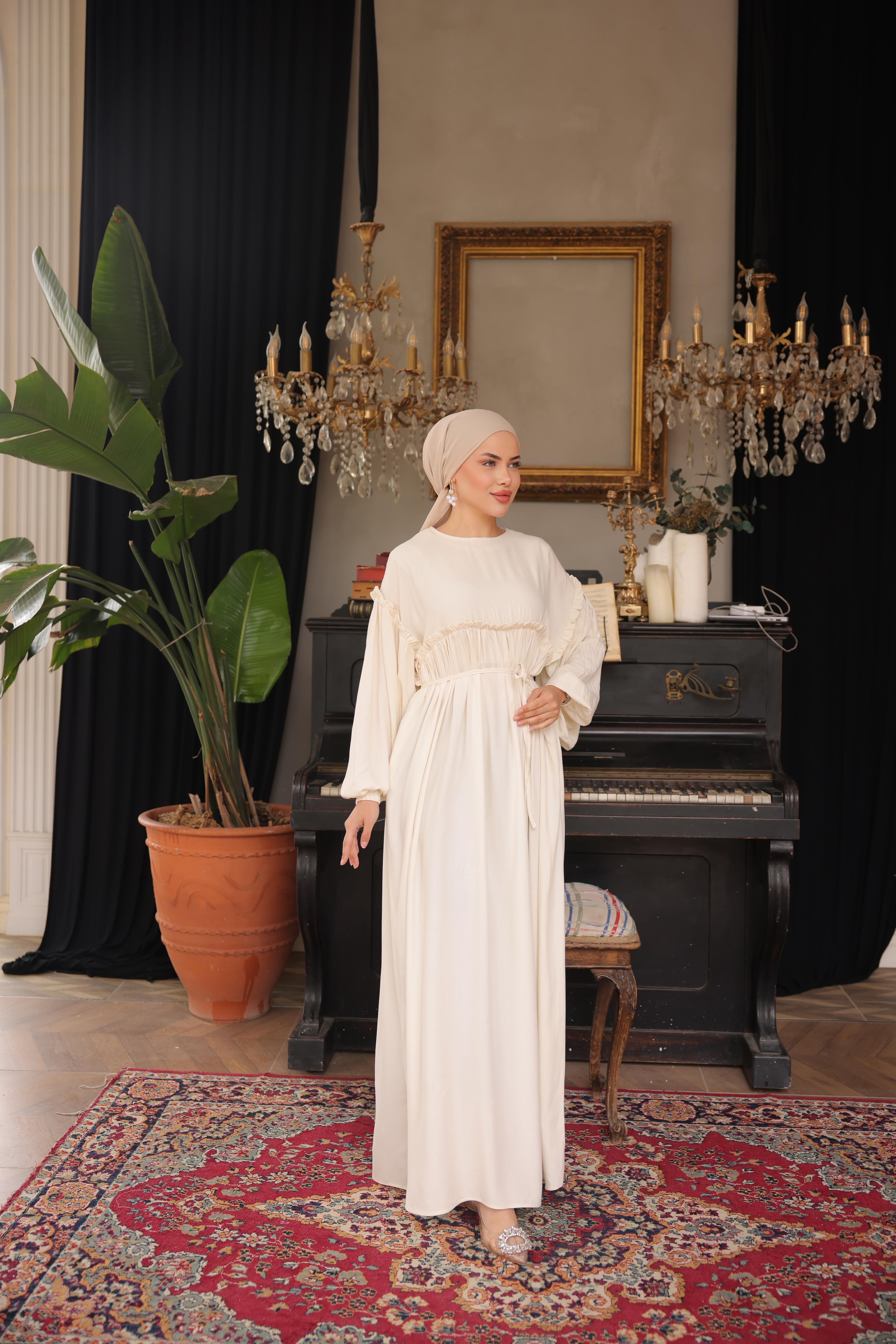 Ekru Robalı Büzgülü Oversize Elbise 5093