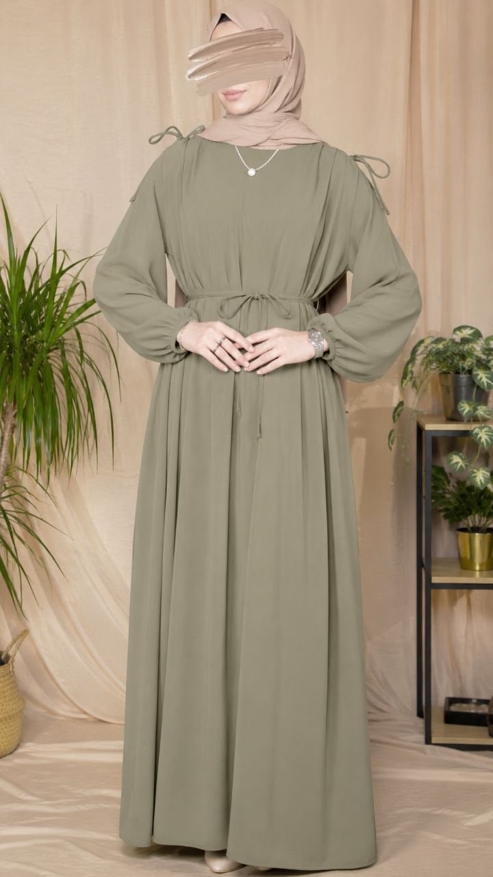 Fıstık Yeşili Omzu Tünel Detaylı Elbise 5063