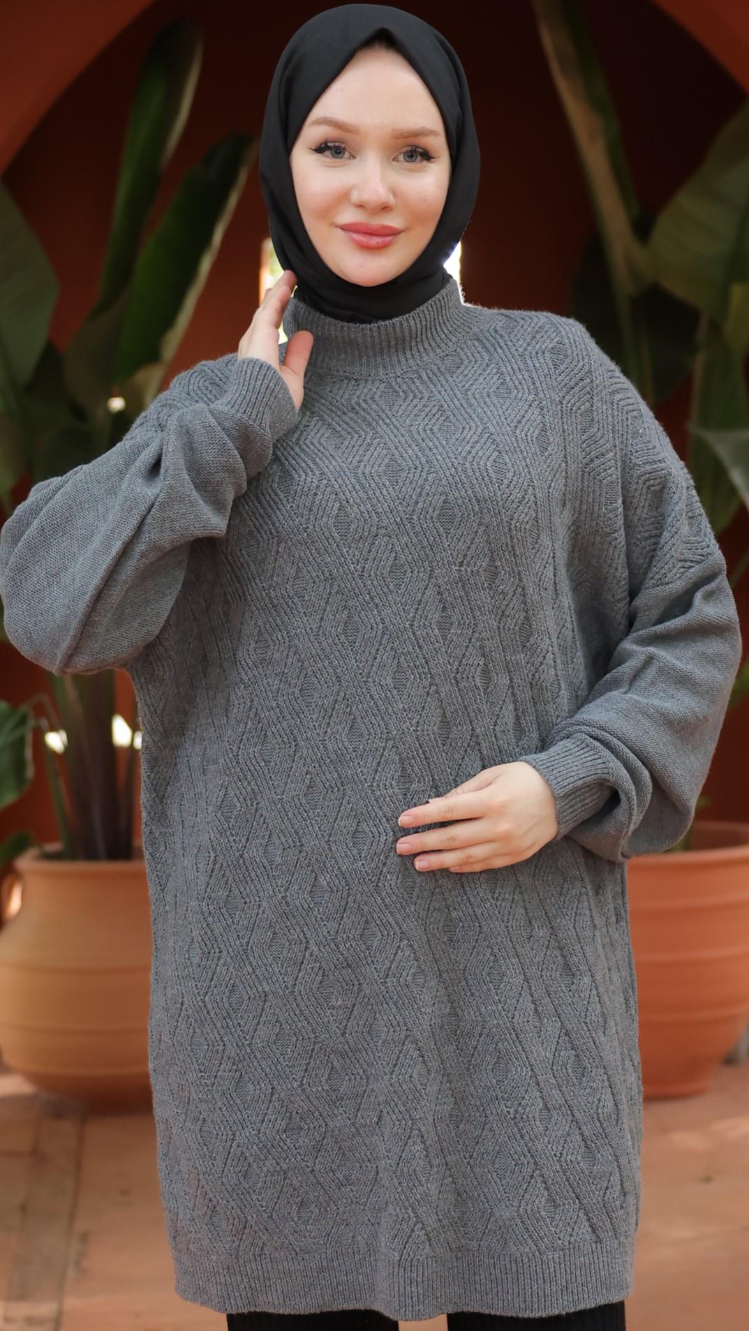 Füme Düşük Omuz Desenli Triko Tunik 7013