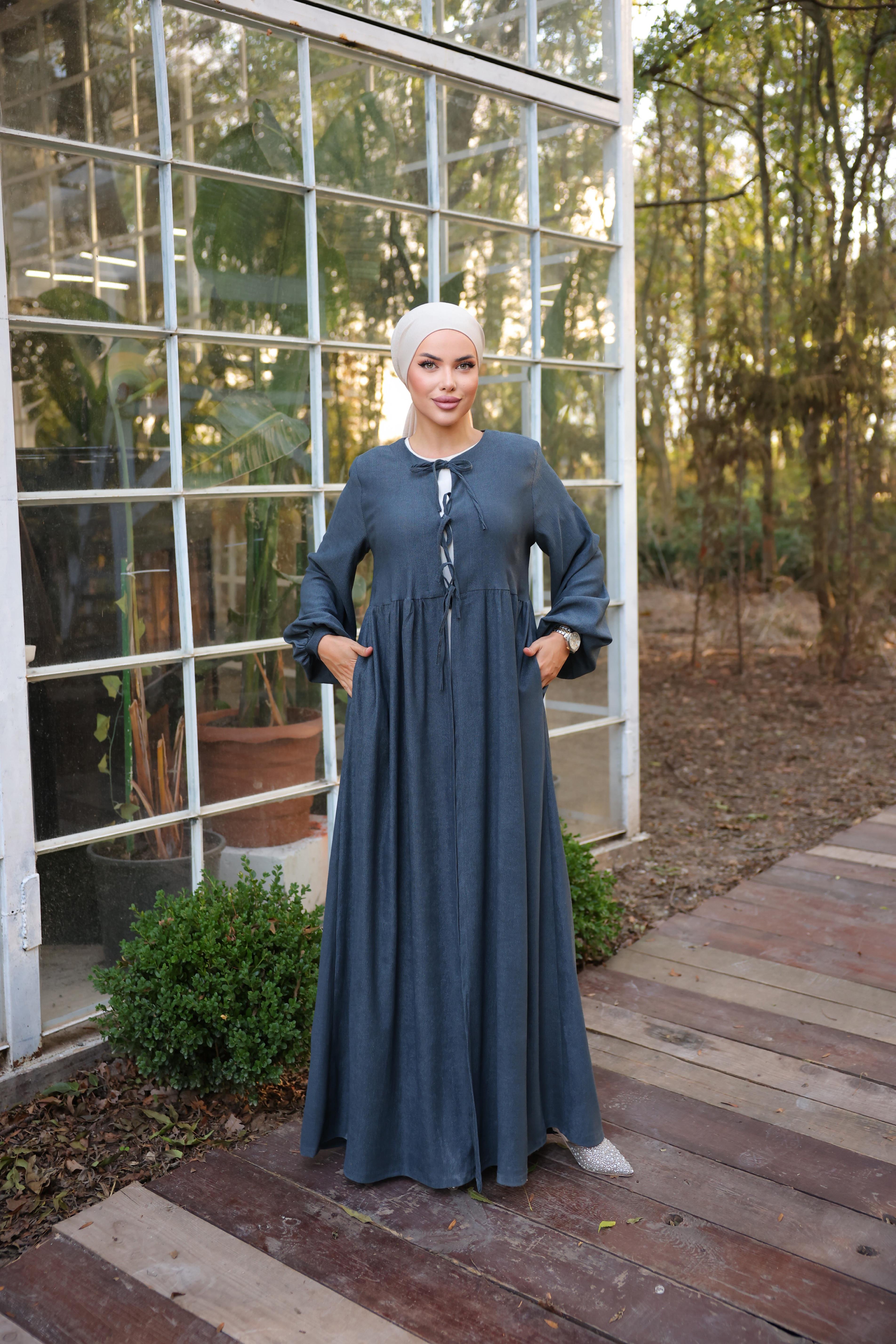 Gri Bel Büzgülü 3 Biyeli Tesettür Kimono 8024