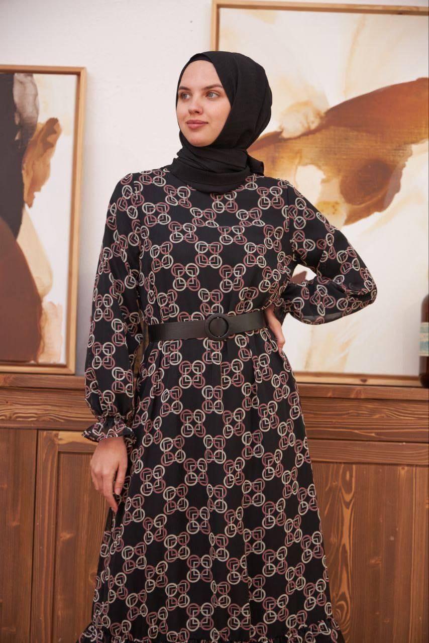 Gri Şifon Kemer Detaylı Uzun Tesetür Elbise Fdl1533