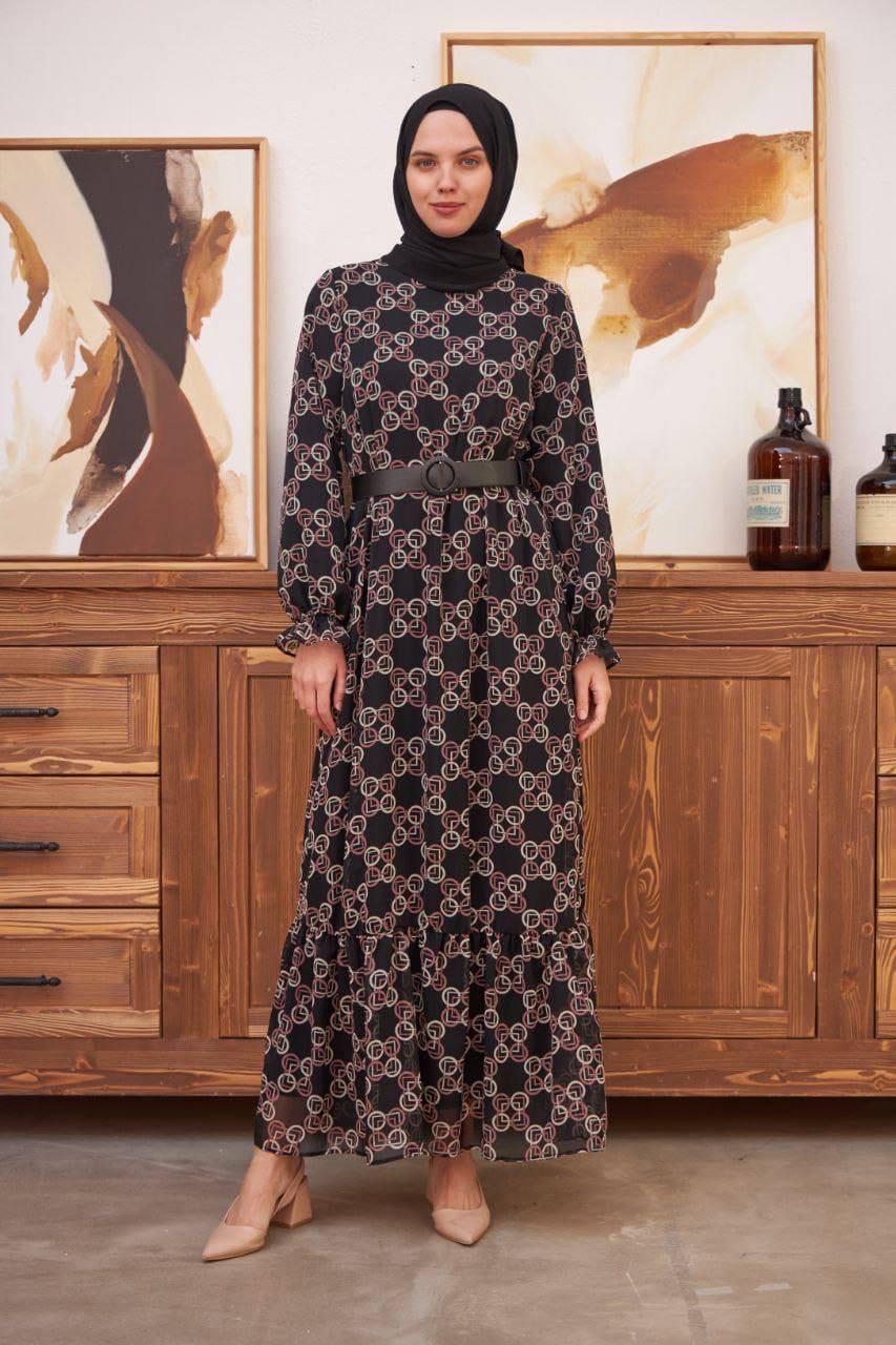 Gri Şifon Kemer Detaylı Uzun Tesetür Elbise Fdl1533