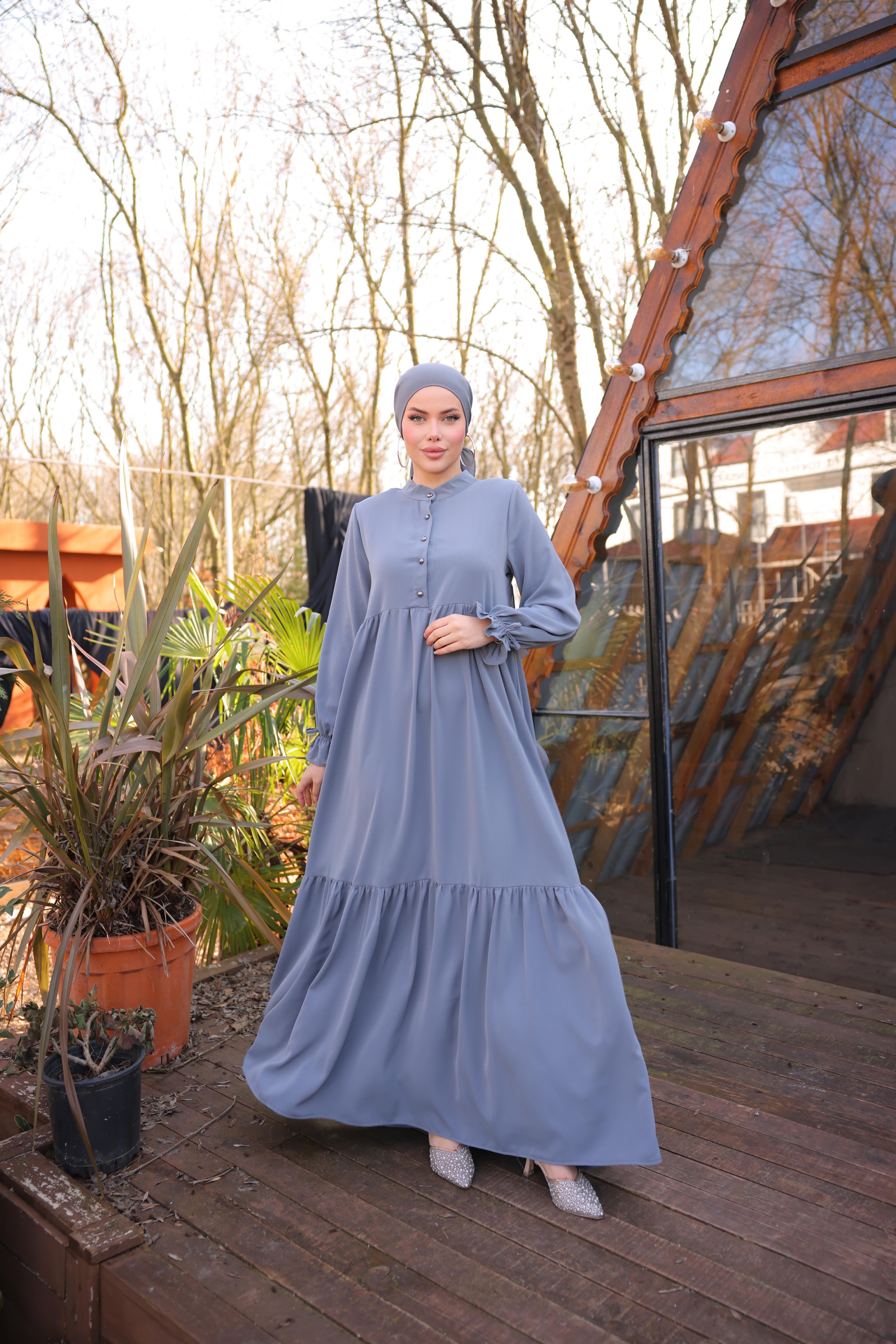 Gri Yarım Patlı 3 Katlı Tesettür Elbise 5078