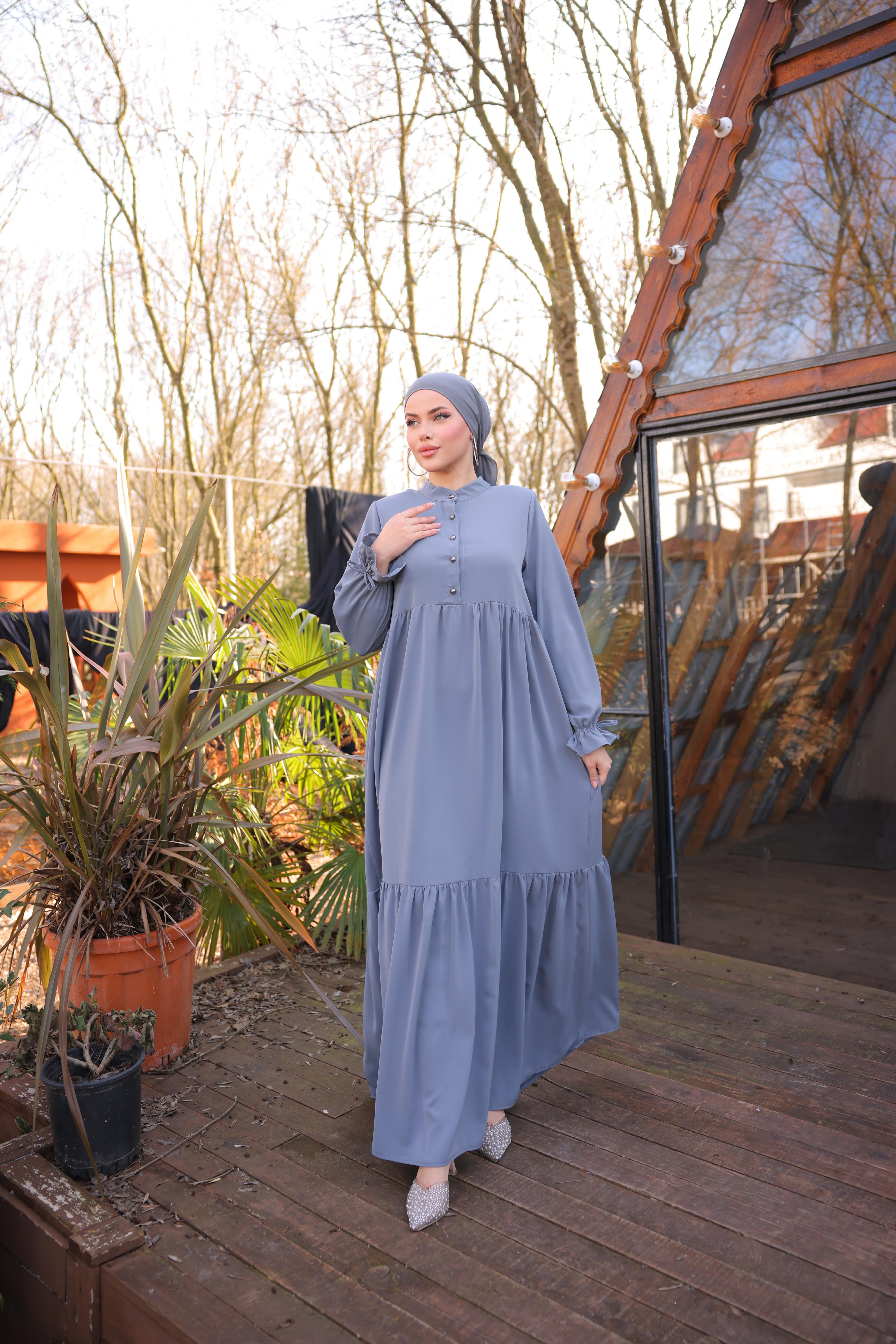 Gri Yarım Patlı 3 Katlı Tesettür Elbise 5078