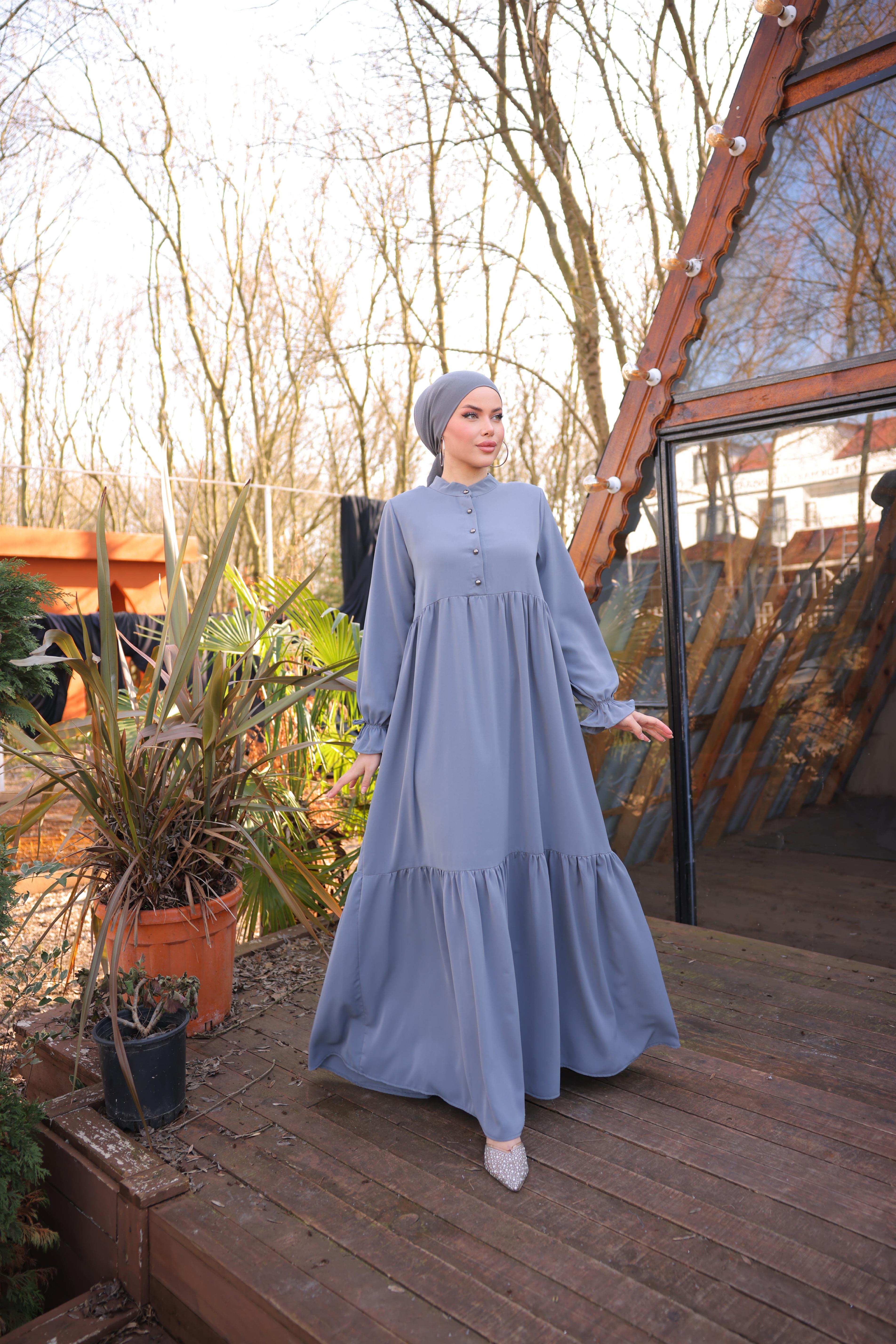 Gri Yarım Patlı 3 Katlı Tesettür Elbise 5078