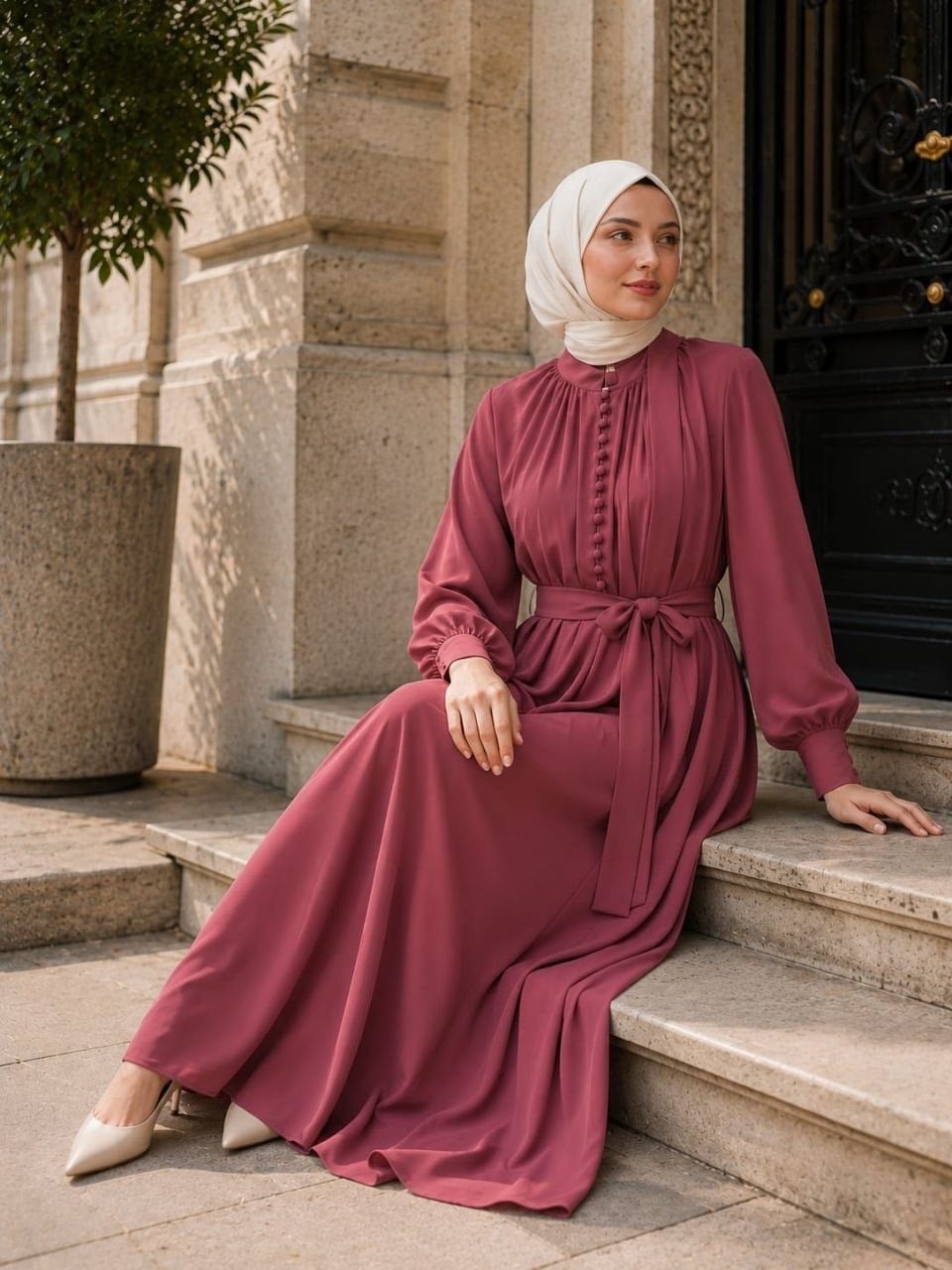 Gül Kurusu Reglan Kol Kaplama Düğmeli Elbise 5152