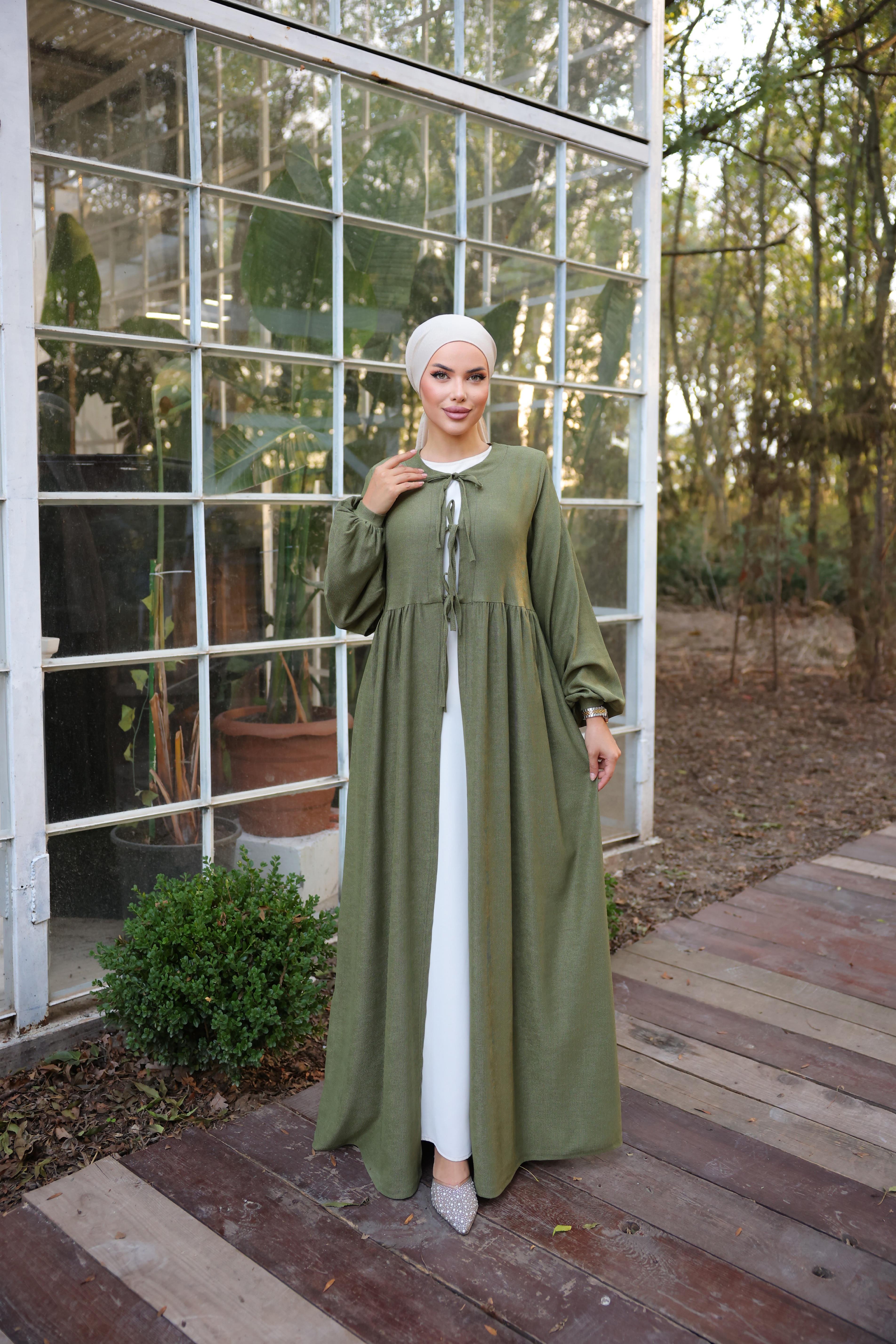 Haki Bel Büzgülü 3 Biyeli Tesettür Kimono 8024