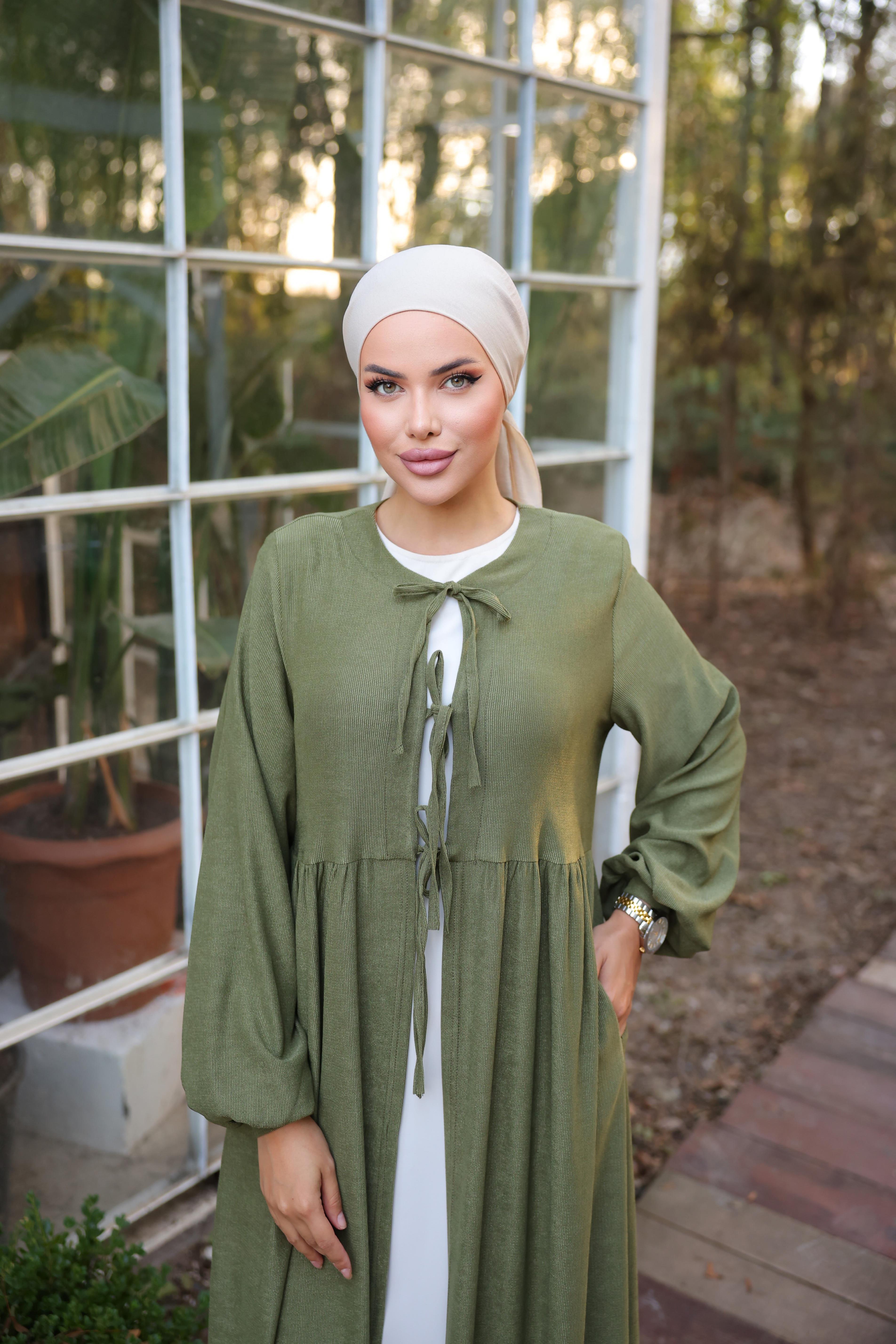 Haki Bel Büzgülü 3 Biyeli Tesettür Kimono 8024