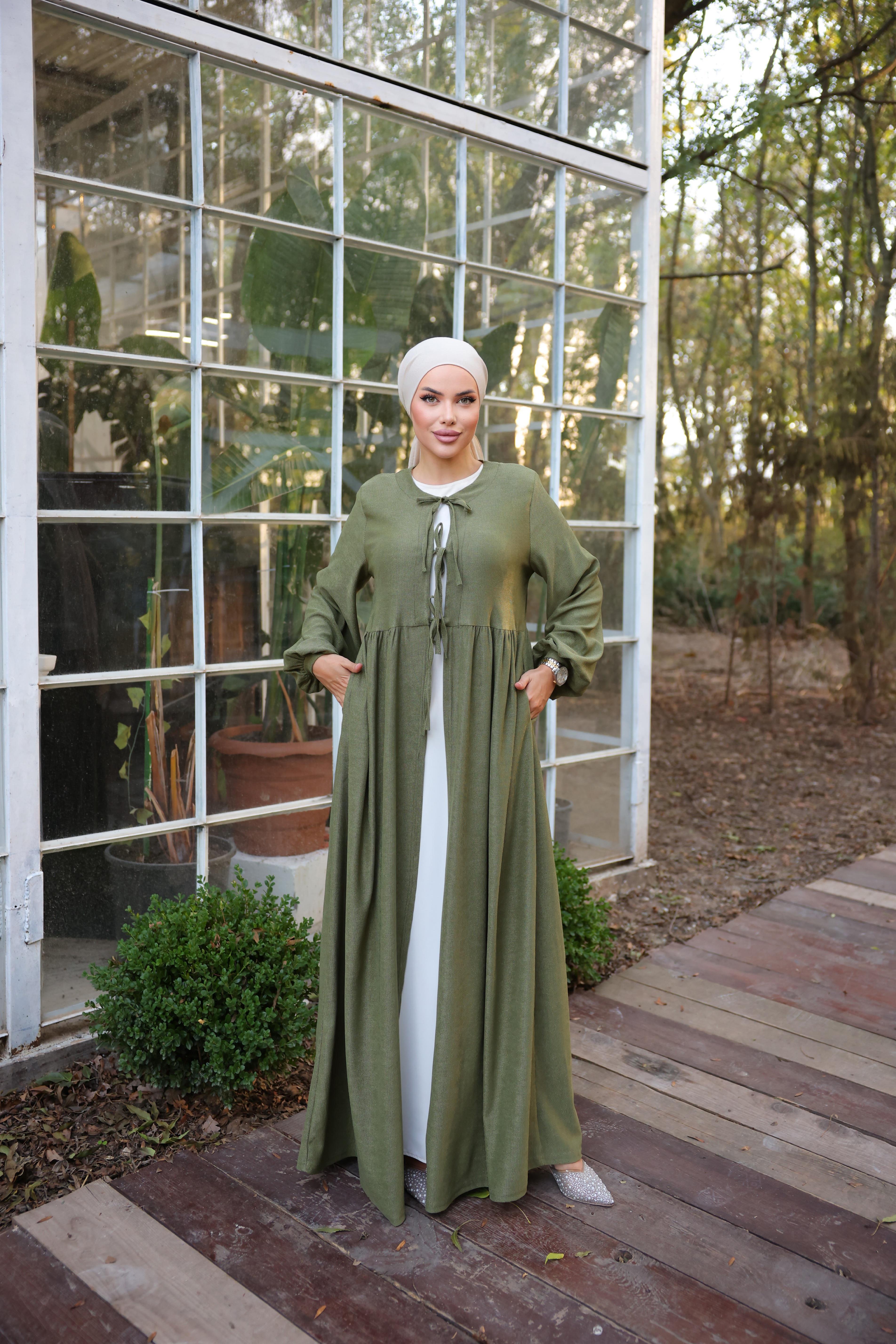 Haki Bel Büzgülü 3 Biyeli Tesettür Kimono 8024