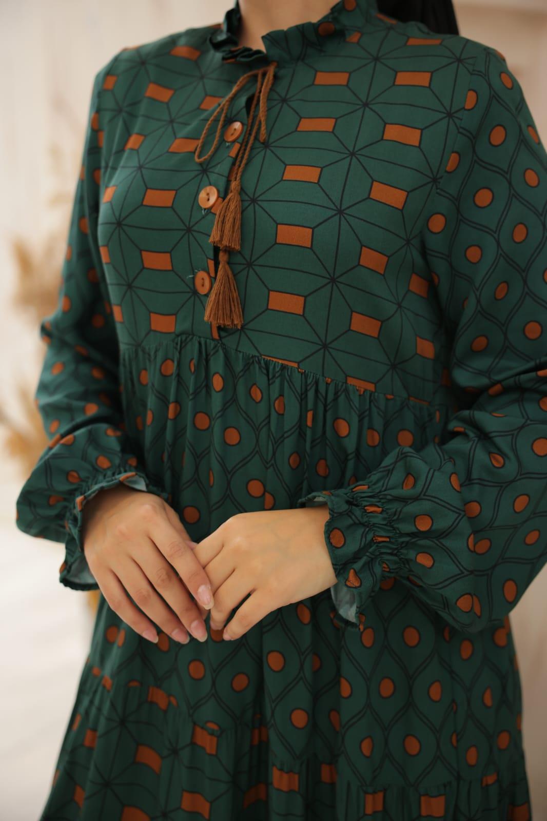 Haki Belmando Kumaş Parçalı Uzun Tesettür Elbise Fdl1895