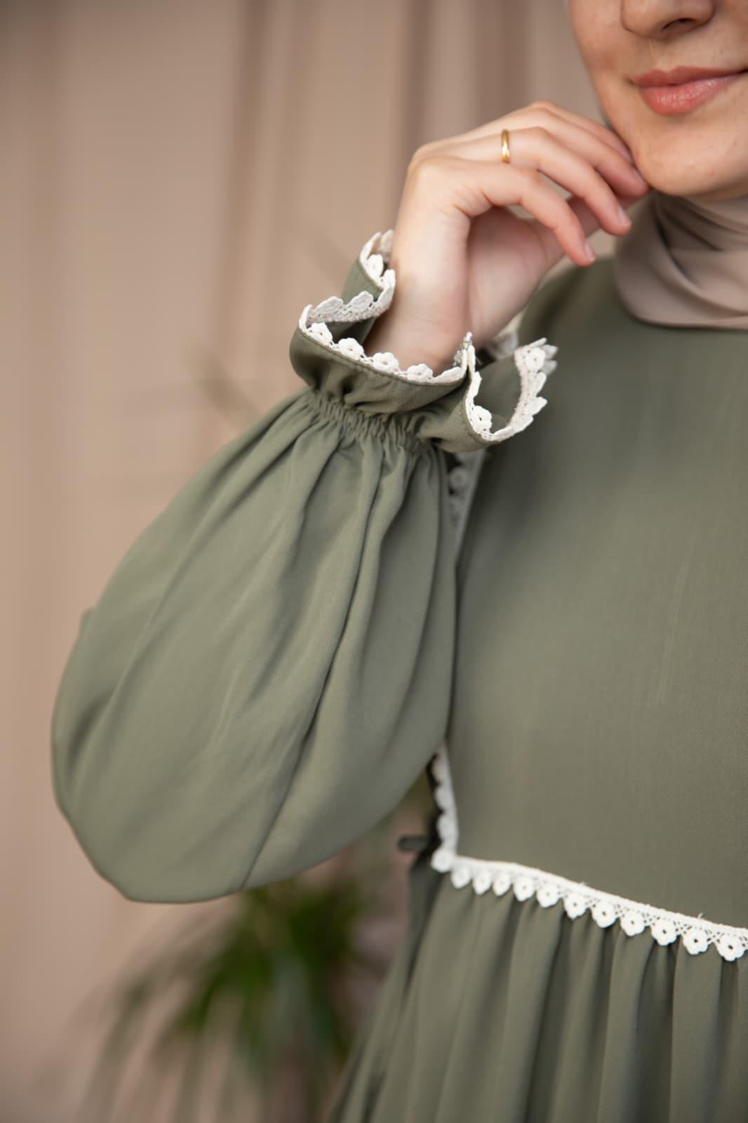 Haki Dantel Detaylı Elbise 5126