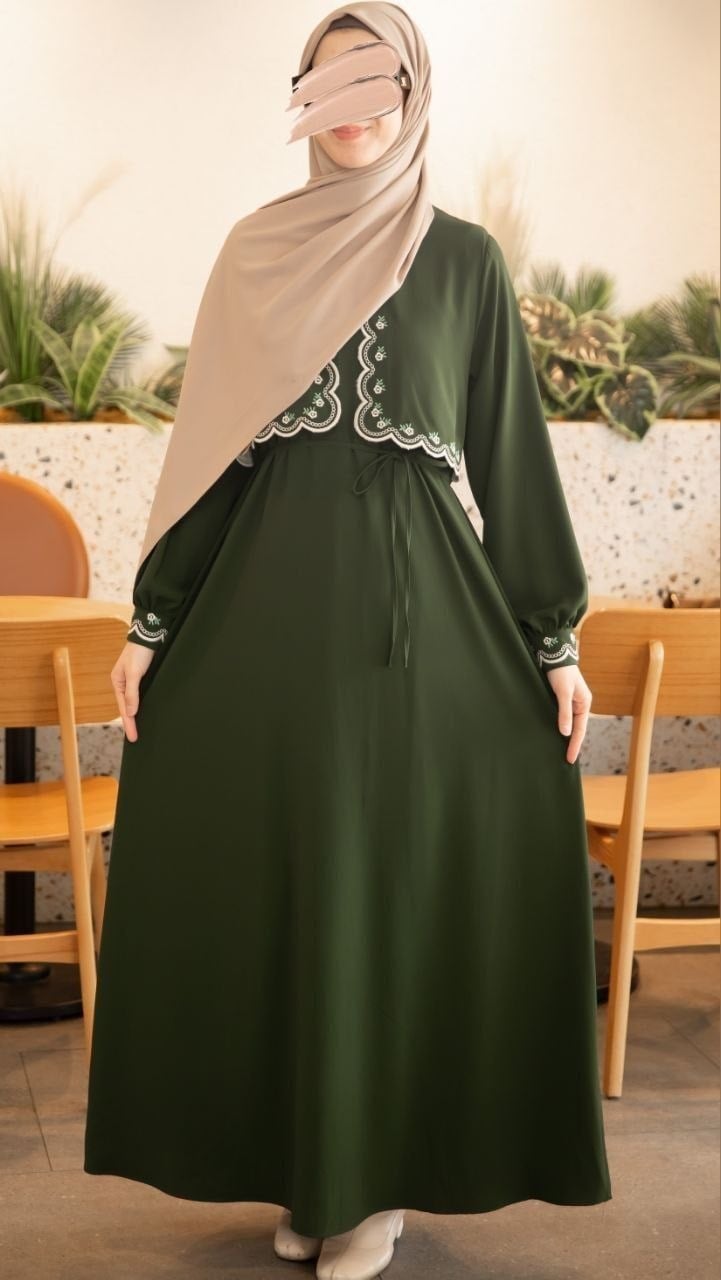 Haki Ön Aller ve Nakışlı Elbise 5134
