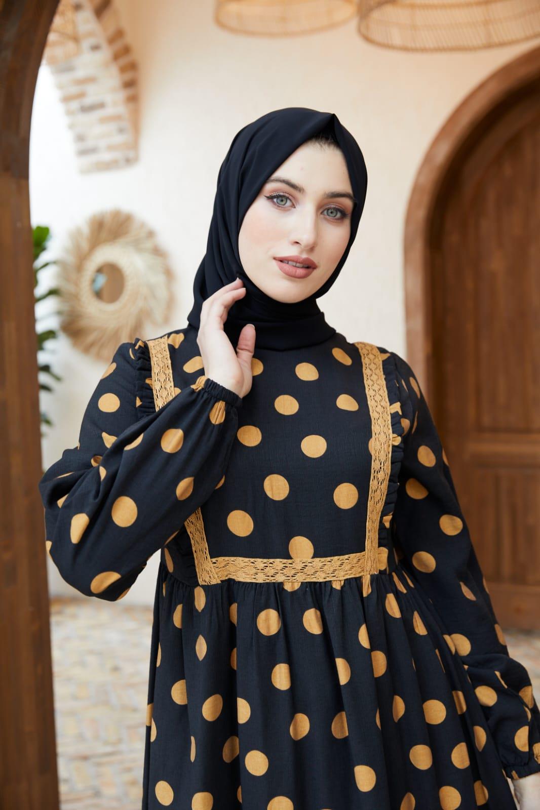 Hardal Puantiyeli Keten Uzun Tesettür Elbise Fdl1405