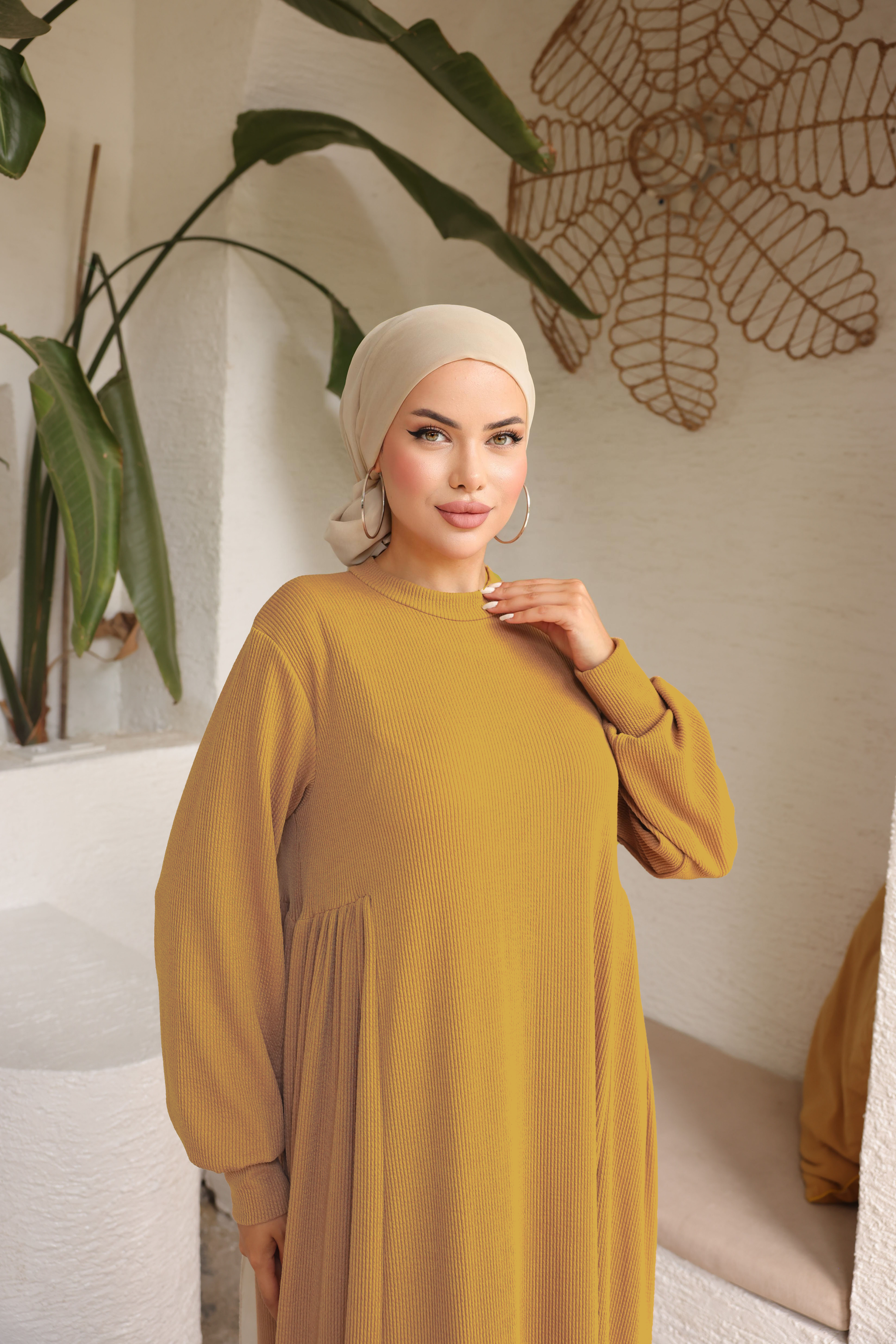 Hardal Yandan Büzgülü Örme Elbise 8063