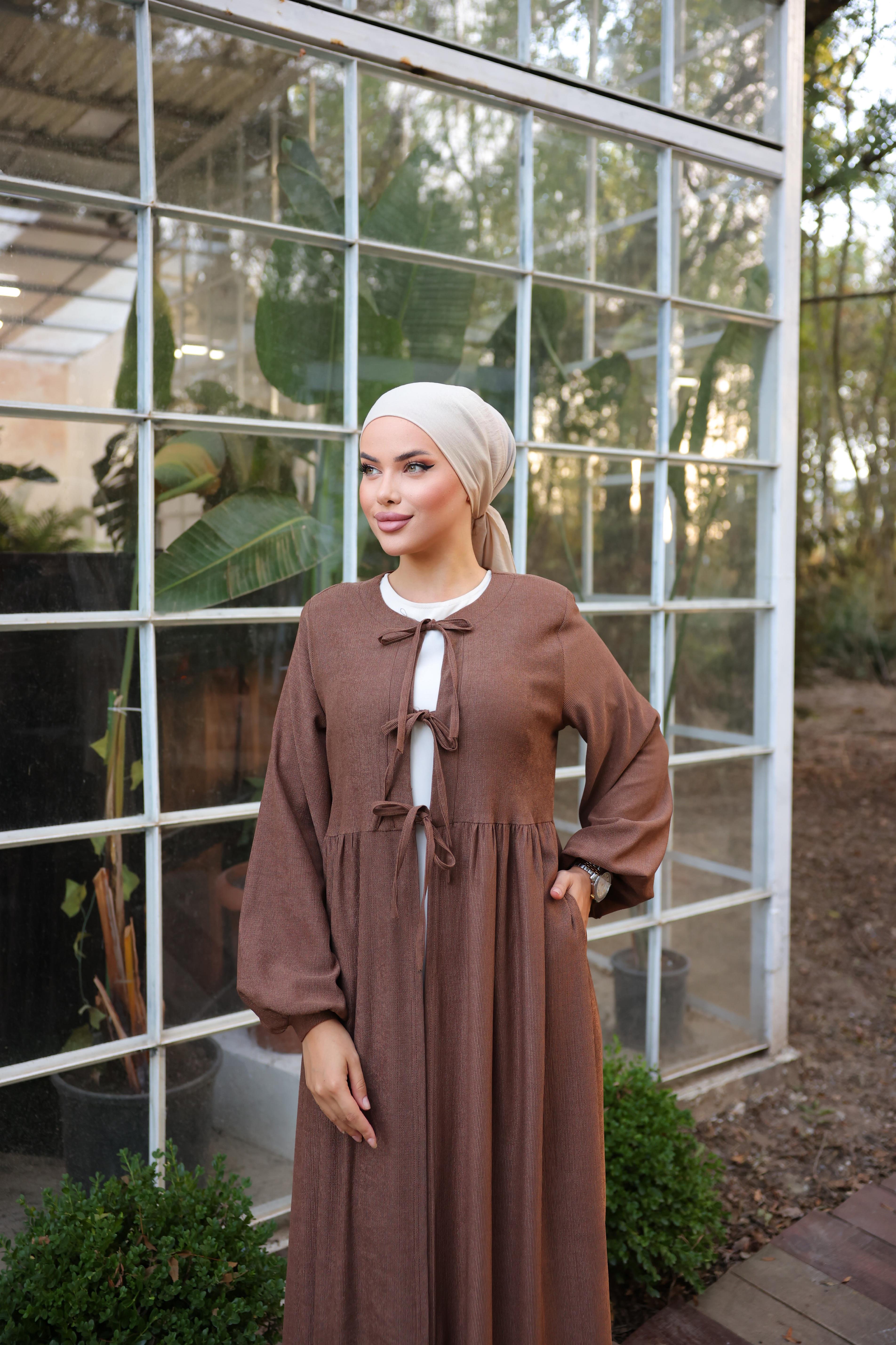 Kahverengi Bel Büzgülü 3 Biyeli Tesettür Kimono 8024
