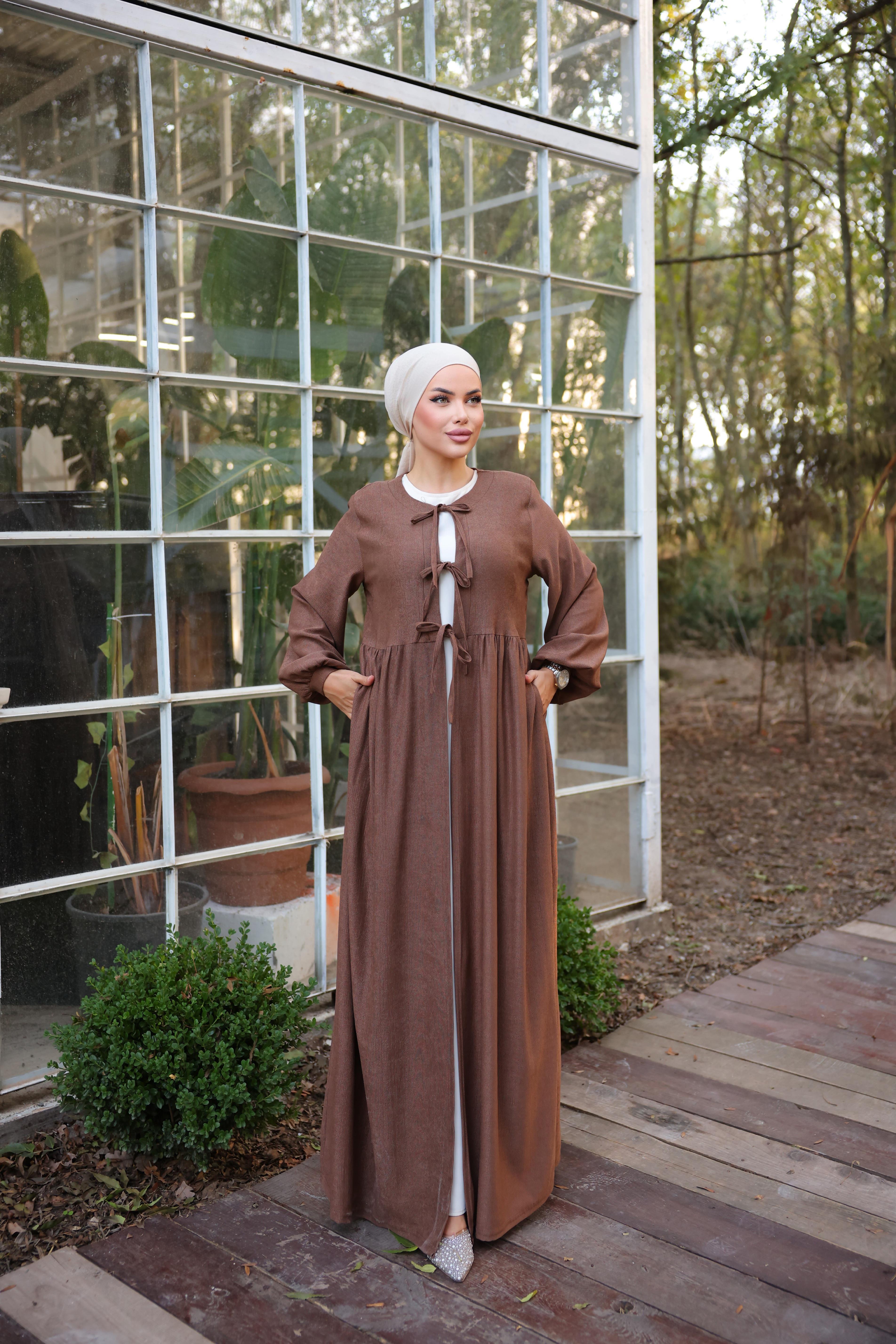 Kahverengi Bel Büzgülü 3 Biyeli Tesettür Kimono 8024