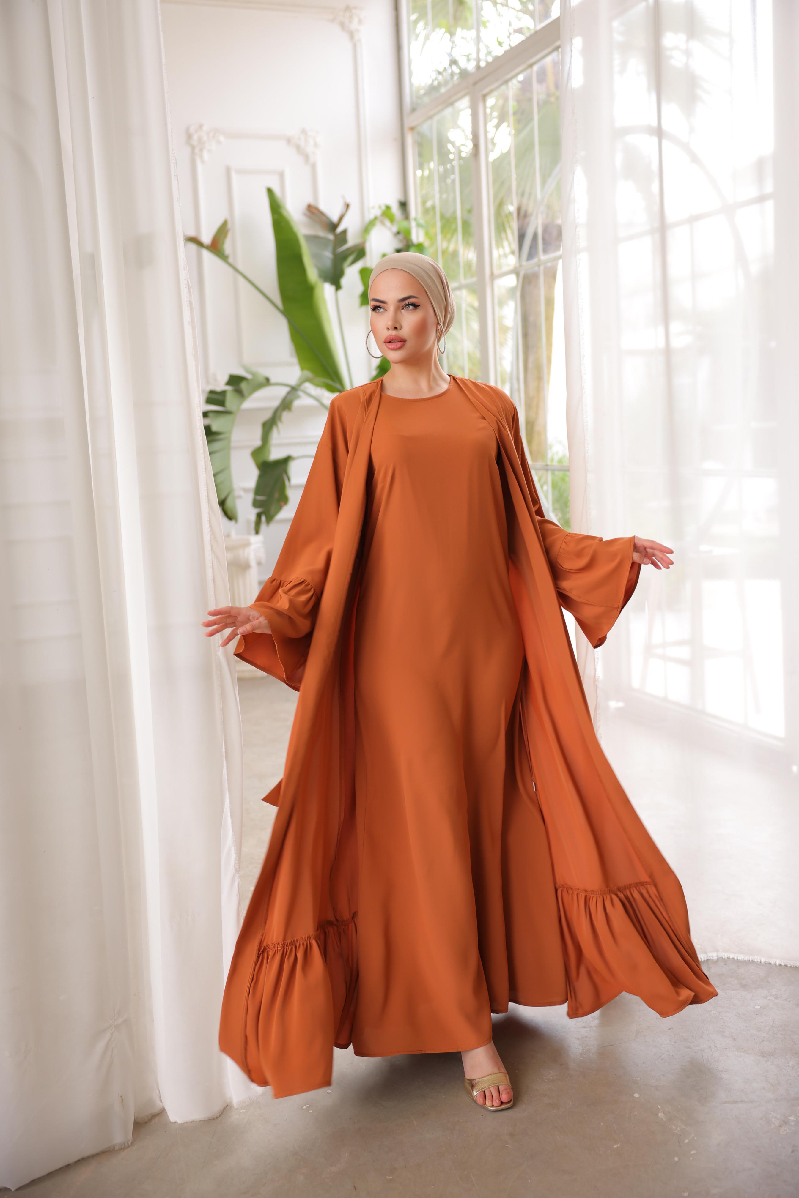 Kiremit Fırfırlı İkili Takım Abaya 5038