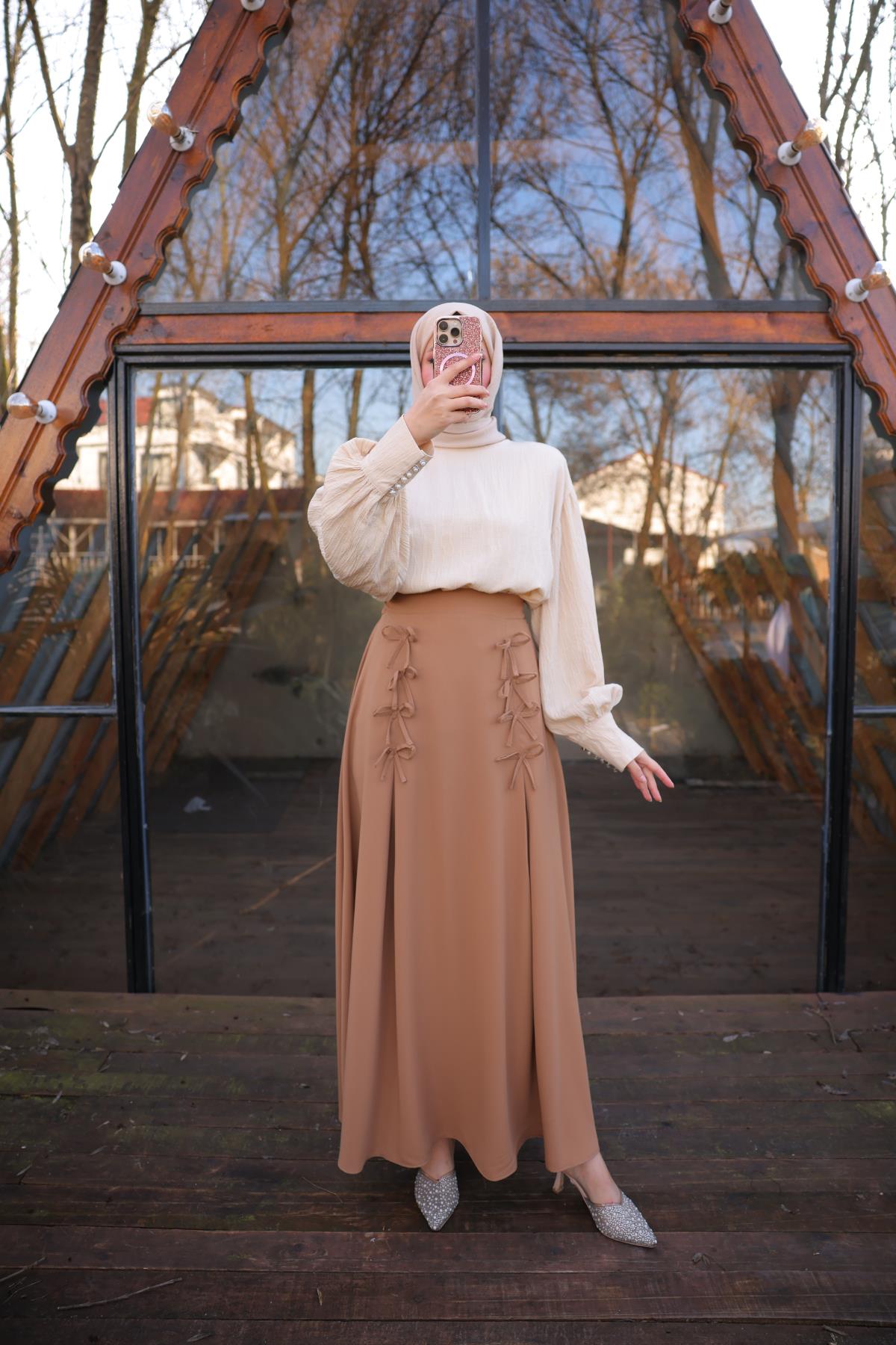 Koyu Camel Fiyonklu Keten Etek 7554