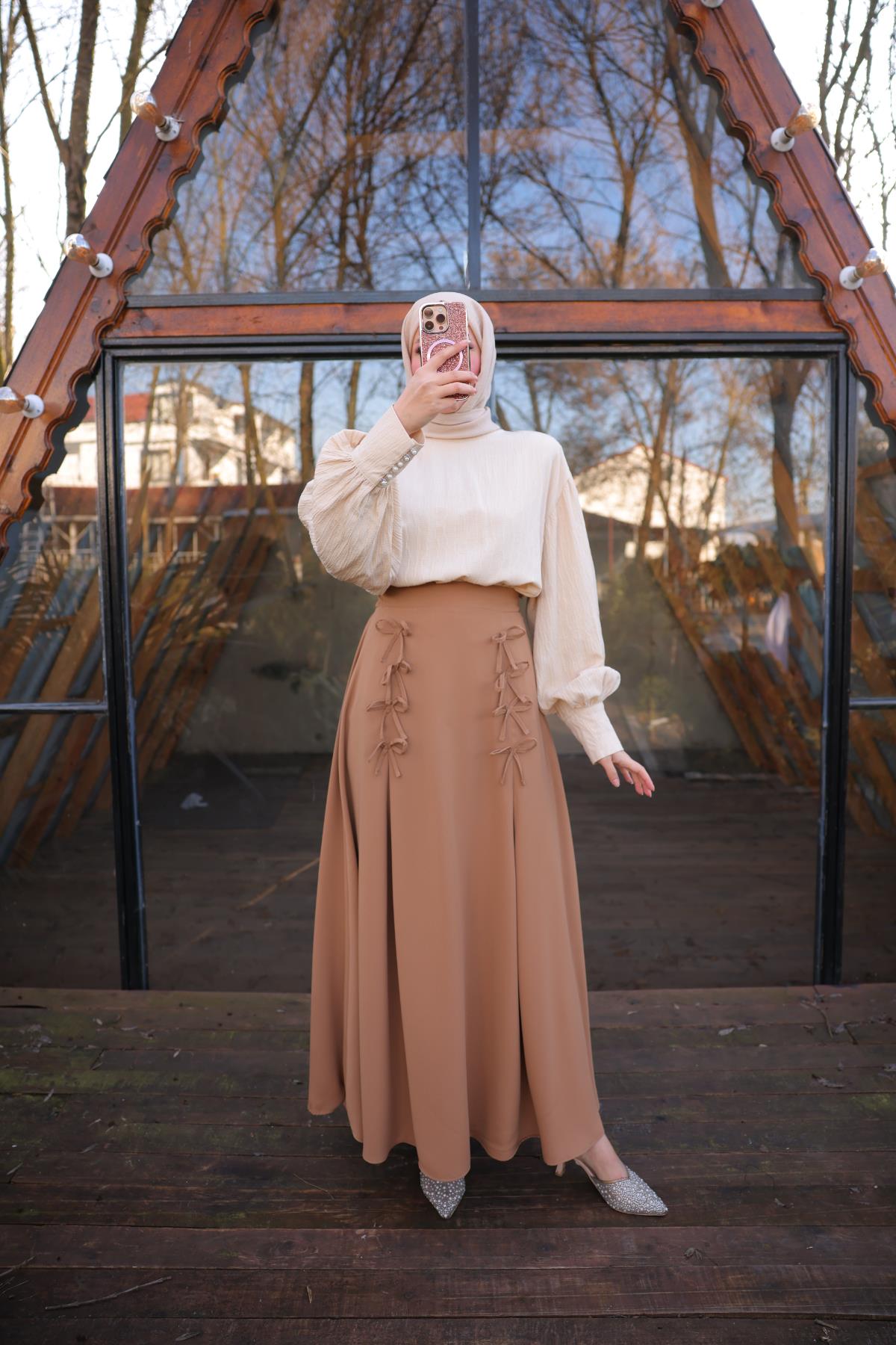 Koyu Camel Fiyonklu Keten Etek 7554