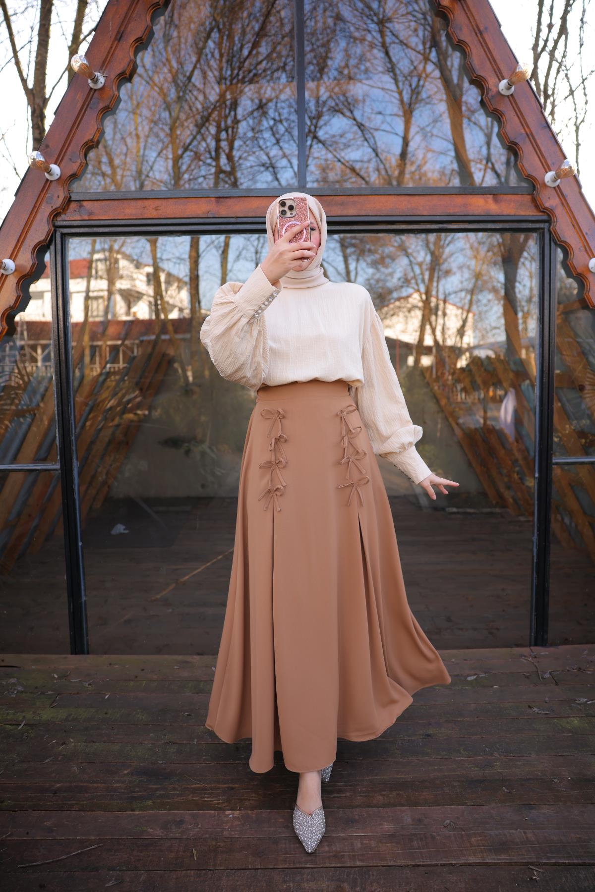 Koyu Camel Fiyonklu Keten Etek 7554