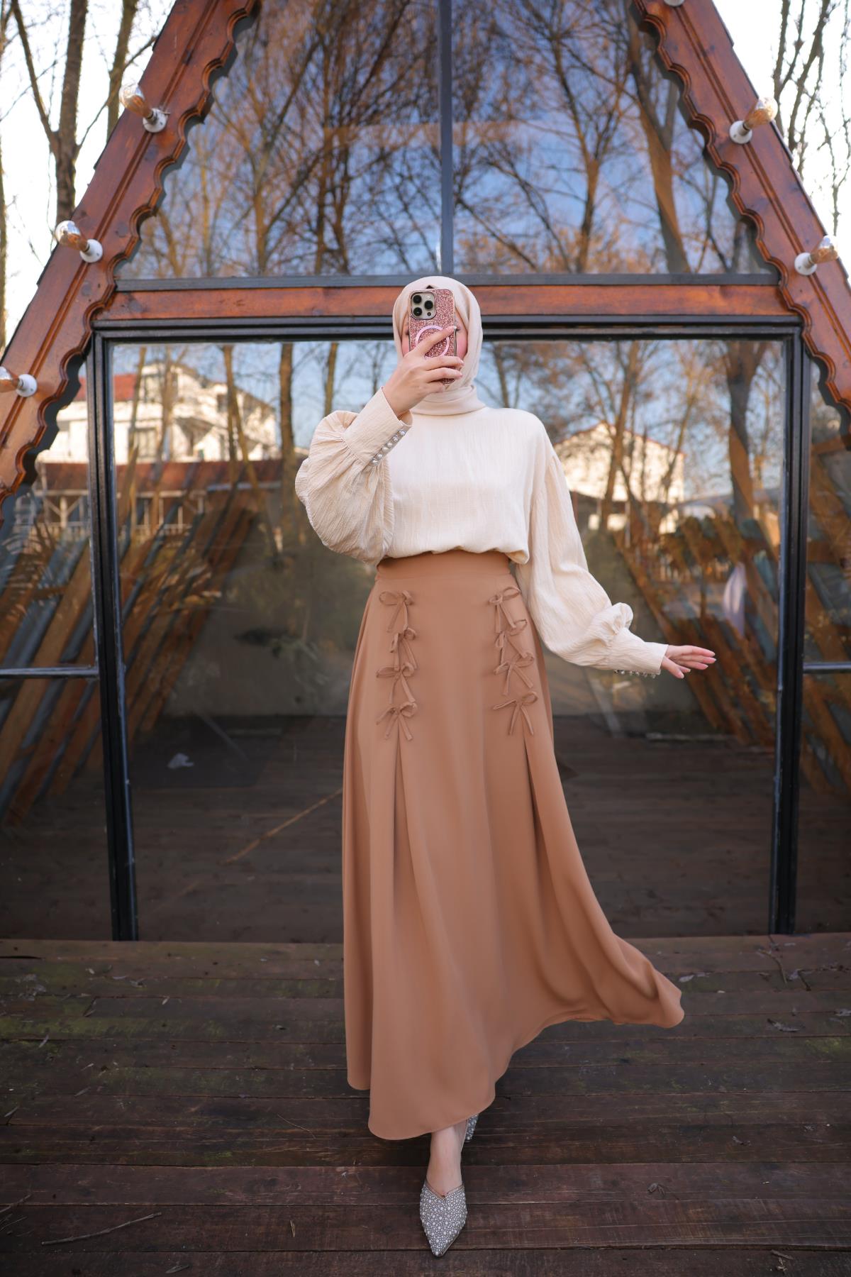 Koyu Camel Fiyonklu Keten Etek 7554