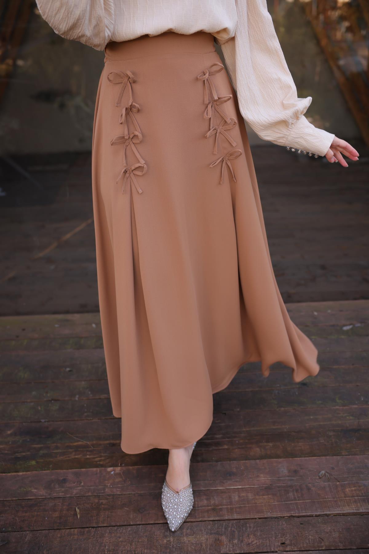 Koyu Camel Fiyonklu Keten Etek 7554