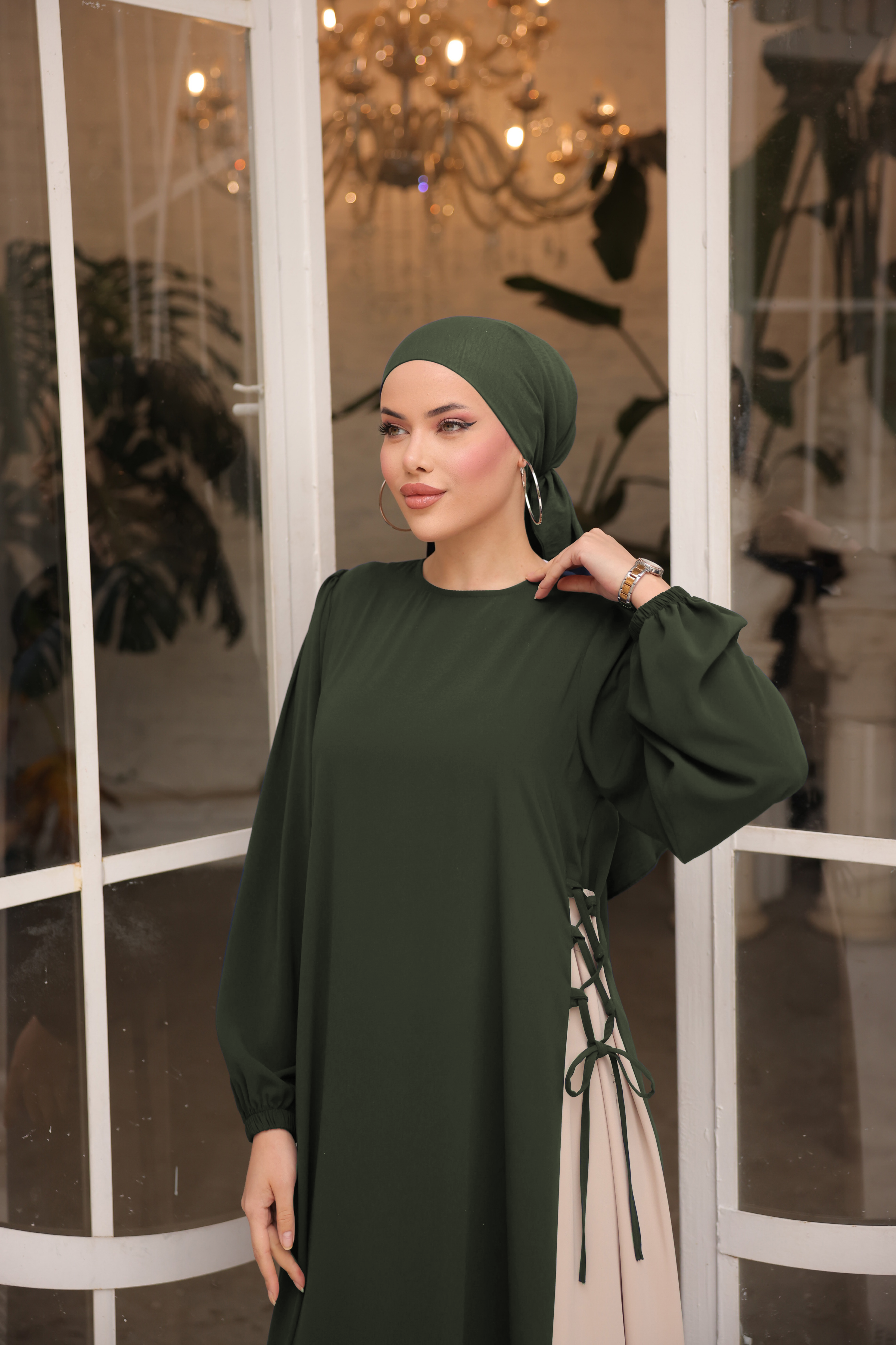 Koyu Haki Yandan Garnili Elbise 5061
