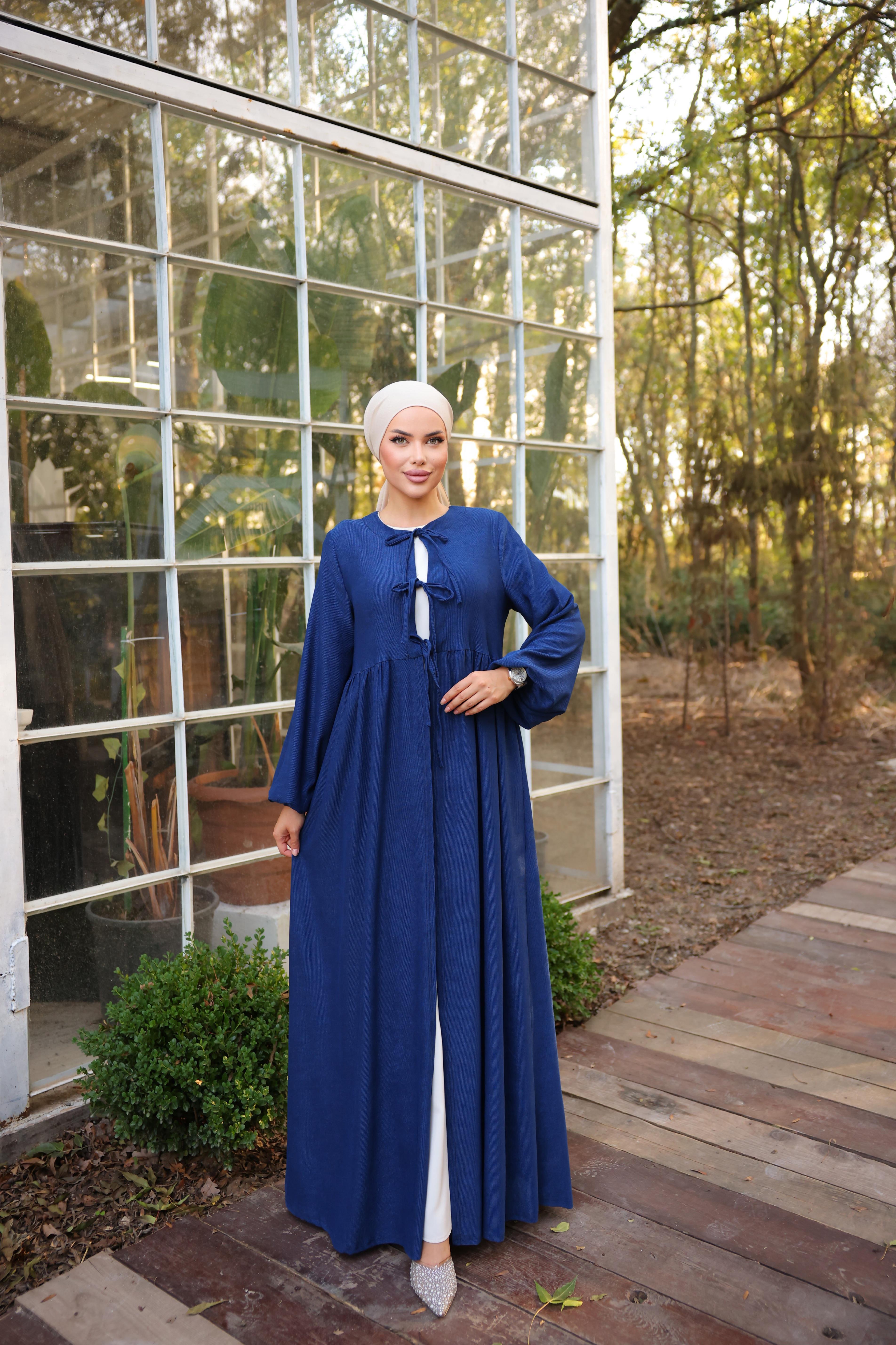 Lacivert Bel Büzgülü 3 Biyeli Tesettür Kimono 8024