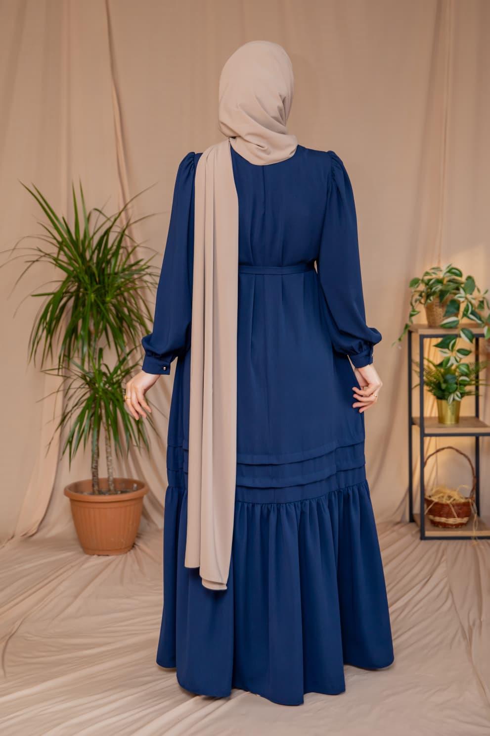 Lacivert Eteği Nervürlü Elbise 5124