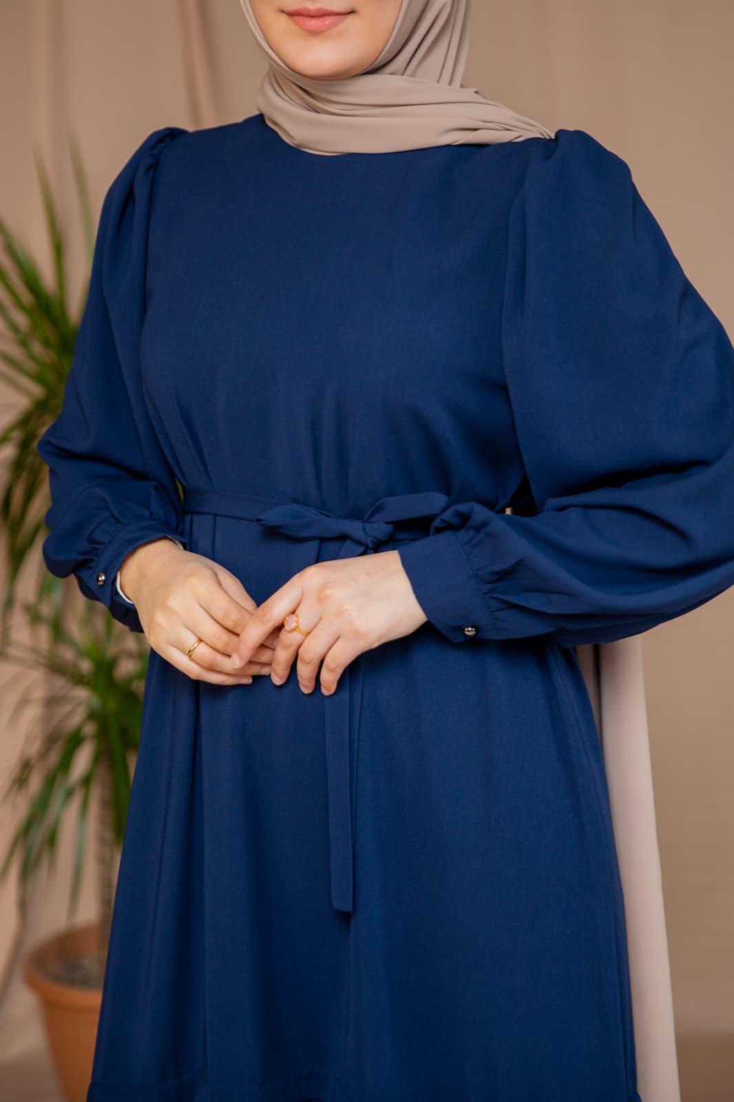 Lacivert Eteği Nervürlü Elbise 5124