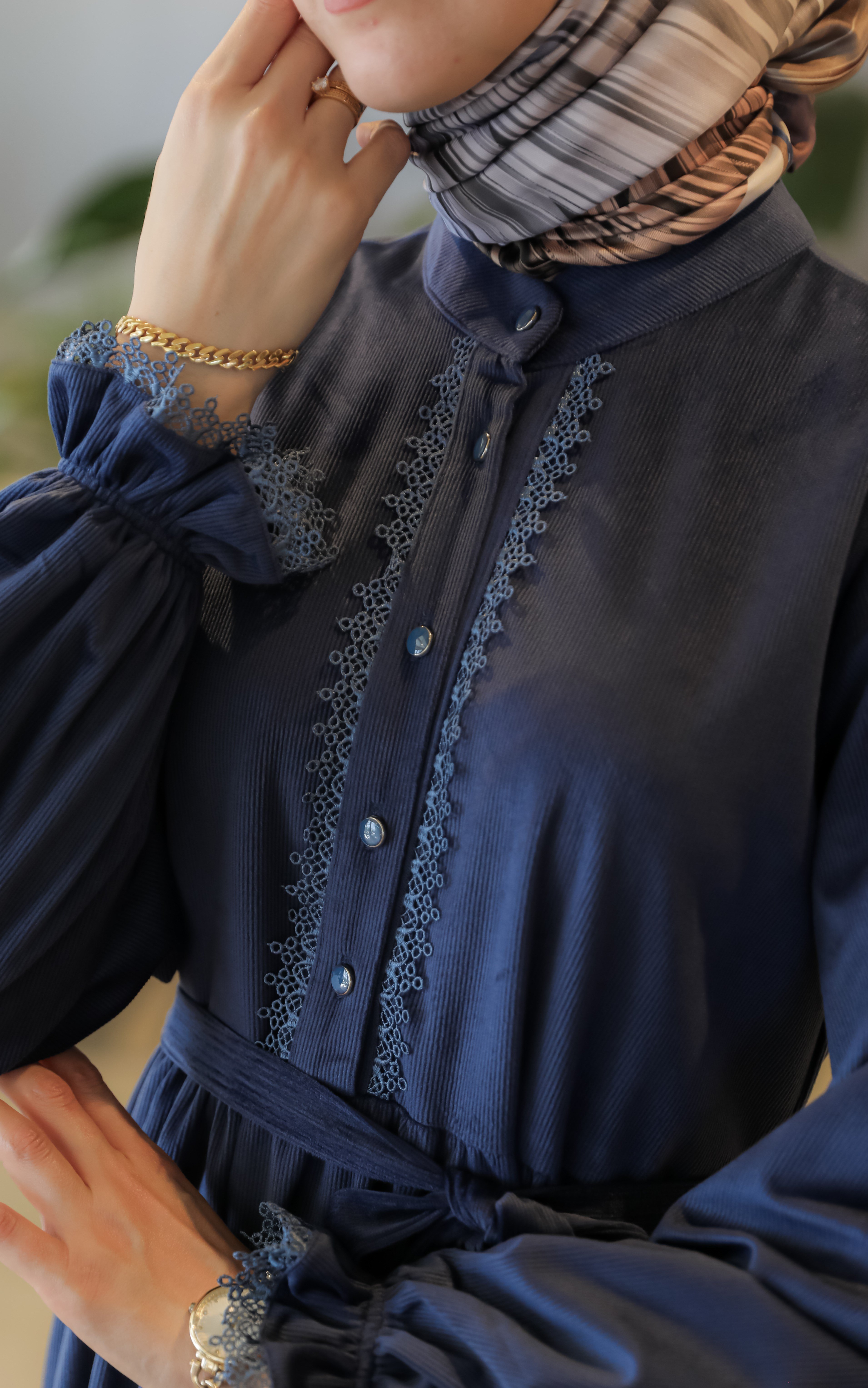 Lacivert NSR 5163 YARIM PAT DANTELLİ ELBİSE