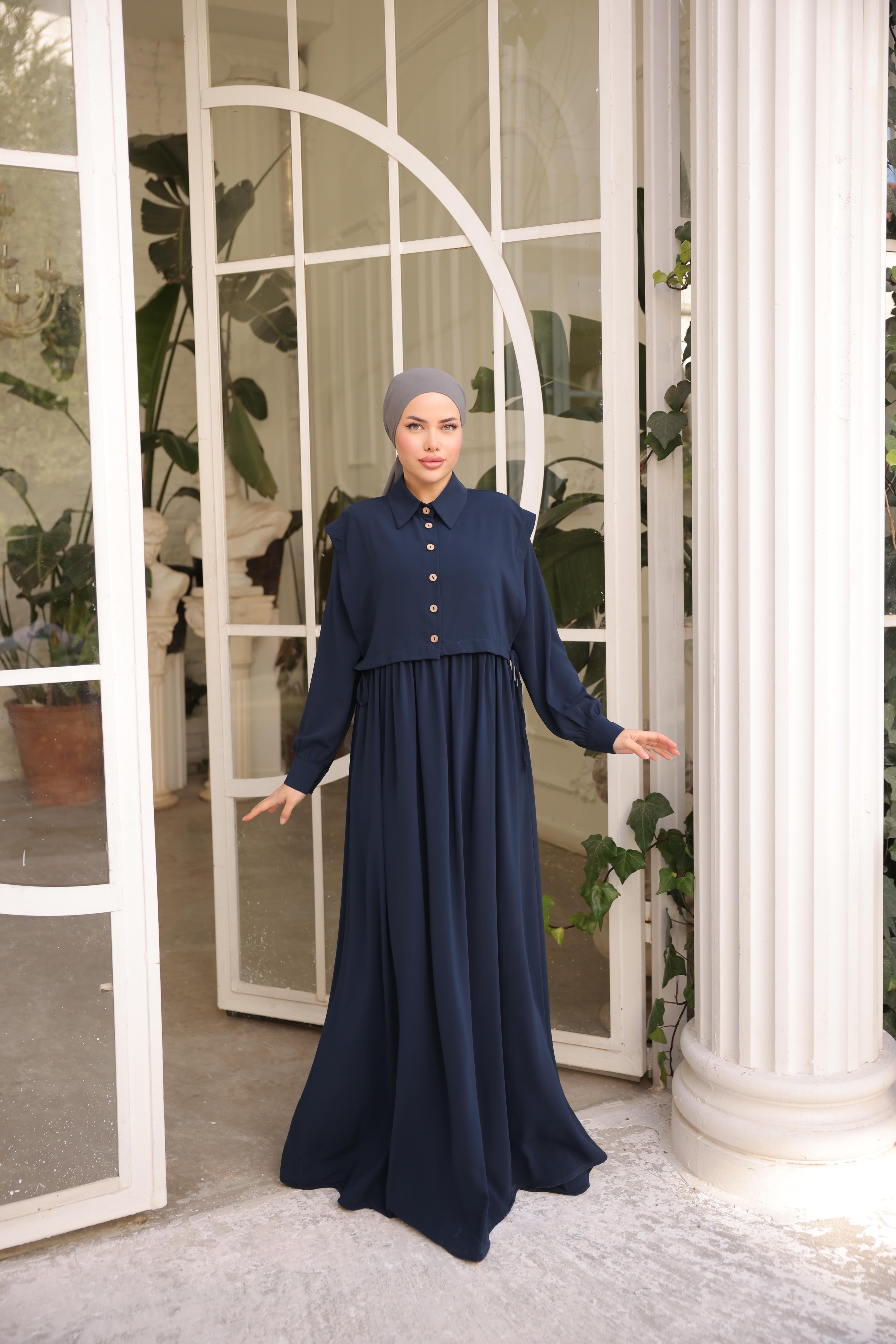 Lacivert Önlüklü Medine İpeği Elbise 5065