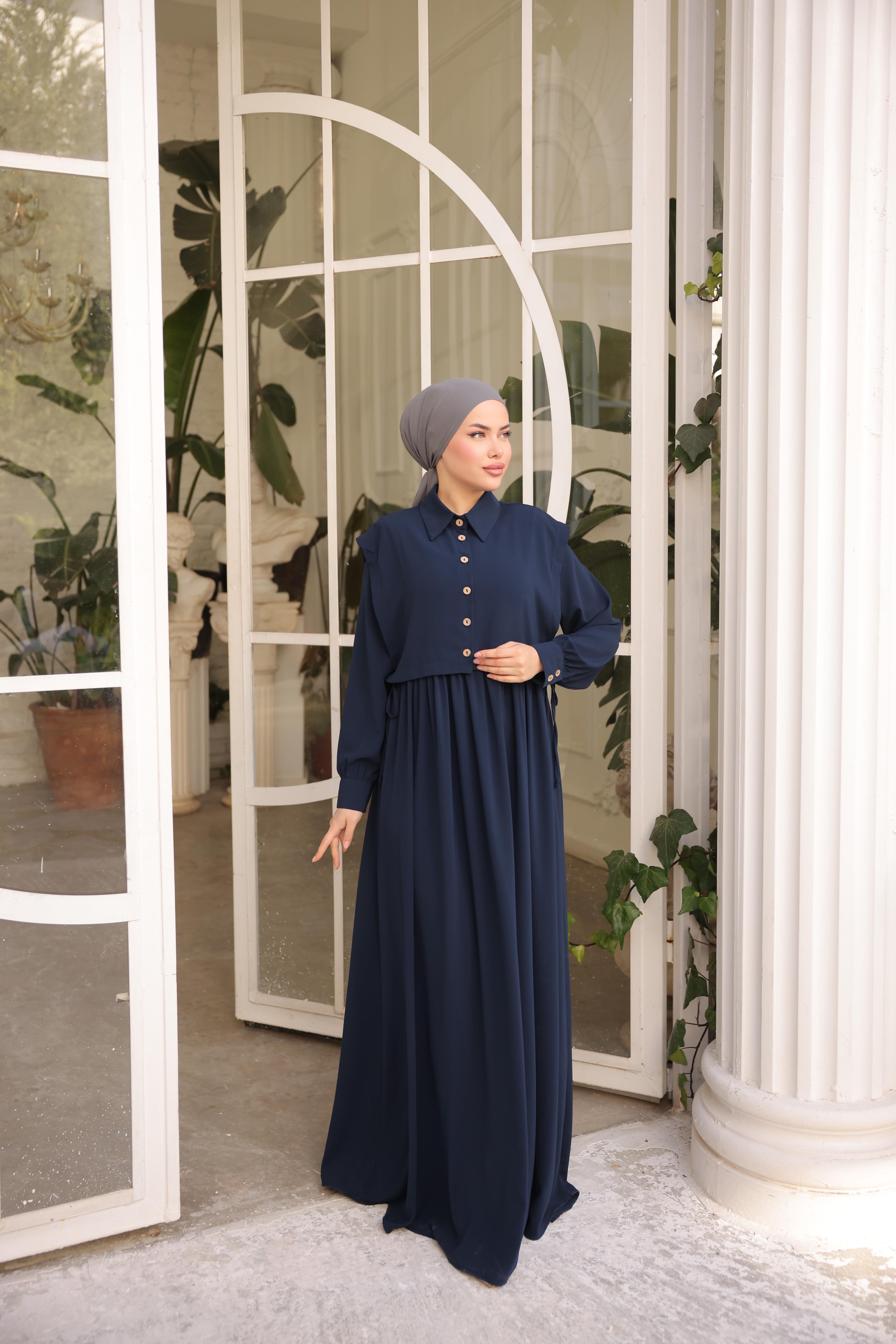 Lacivert Önlüklü Medine İpeği Elbise 5065