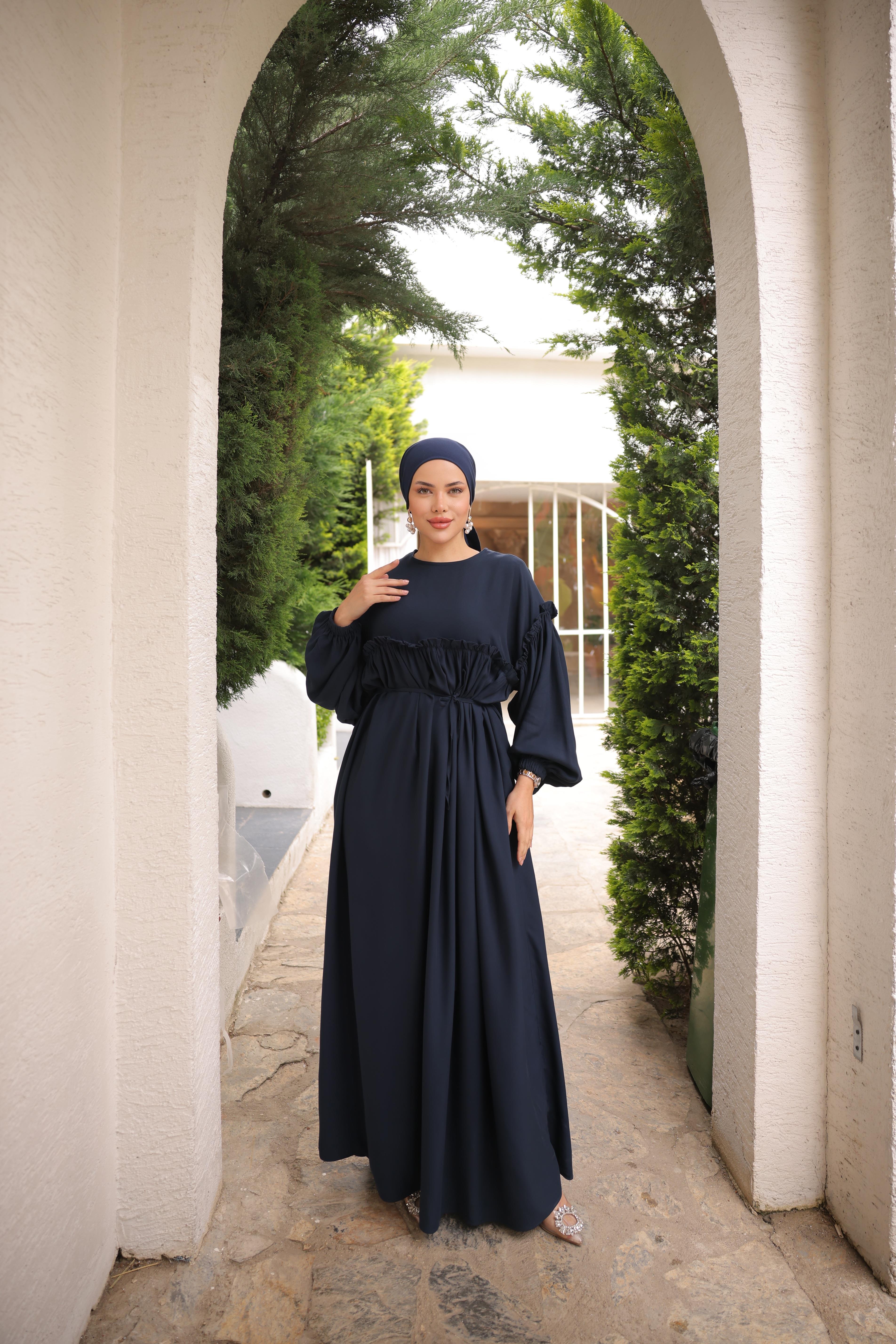 Lacivert Robalı Büzgülü Oversize Elbise 5093