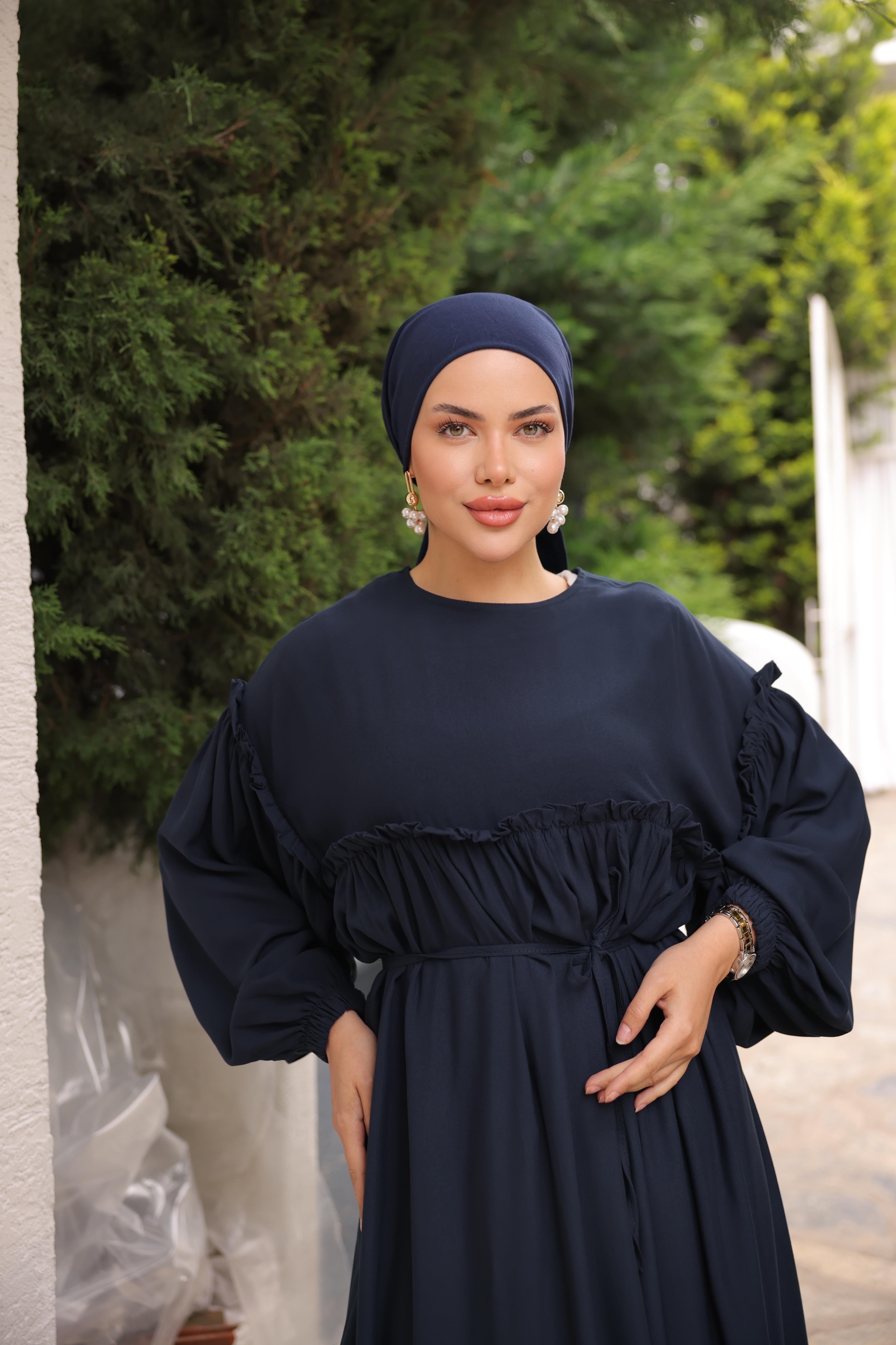 Lacivert Robalı Büzgülü Oversize Elbise 5093