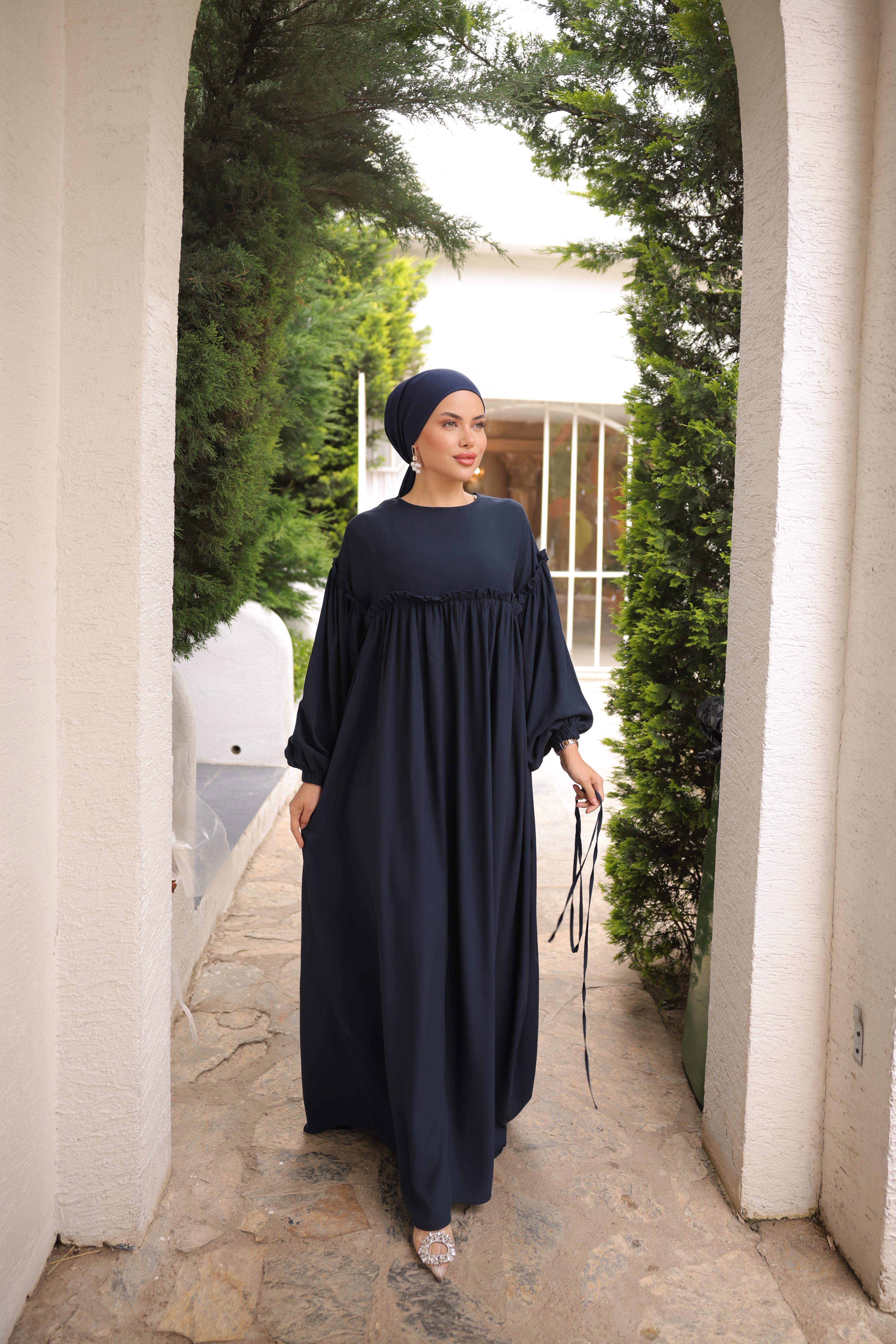 Lacivert Robalı Büzgülü Oversize Elbise 5093