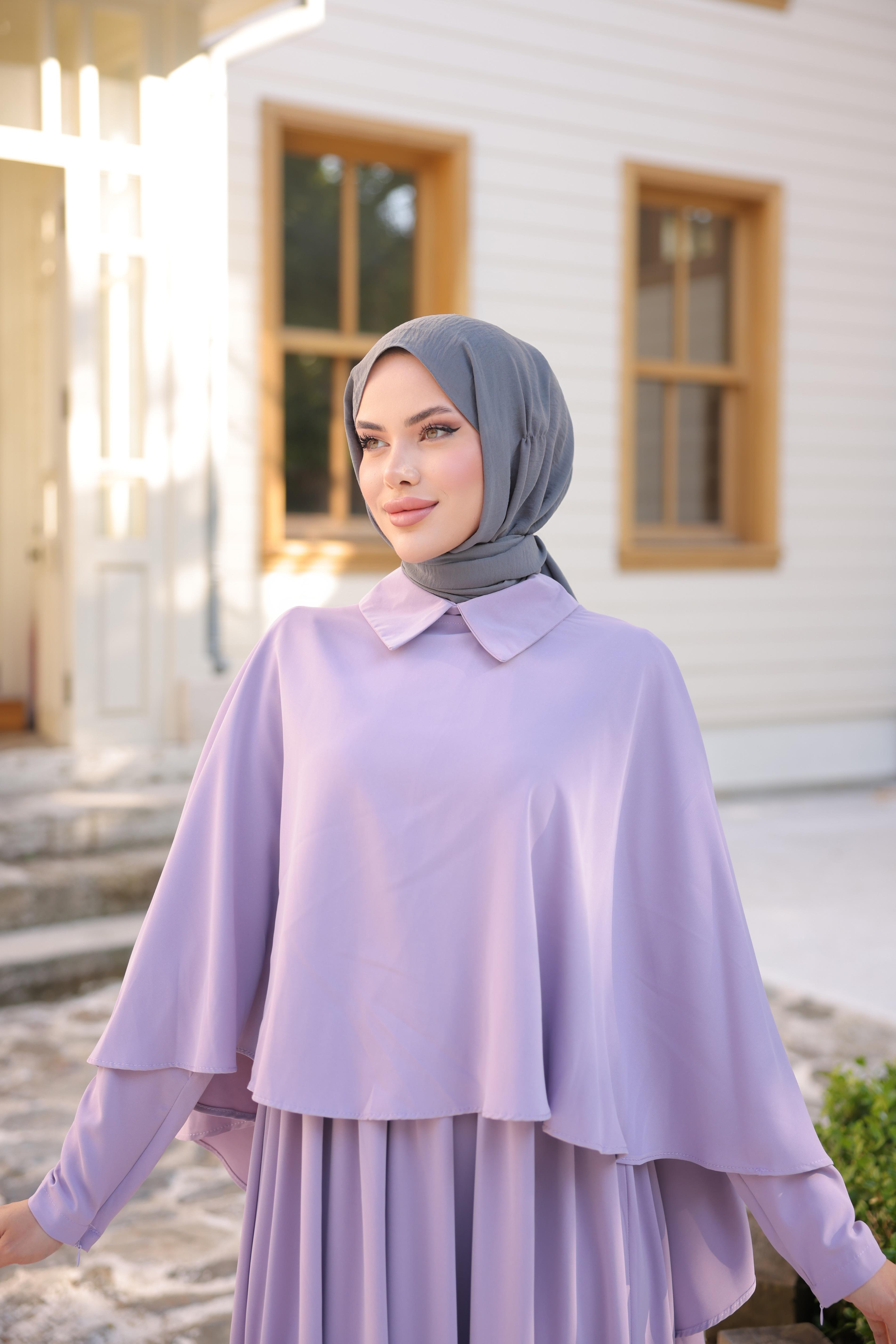 Lila Pelerinli Elbise 5084