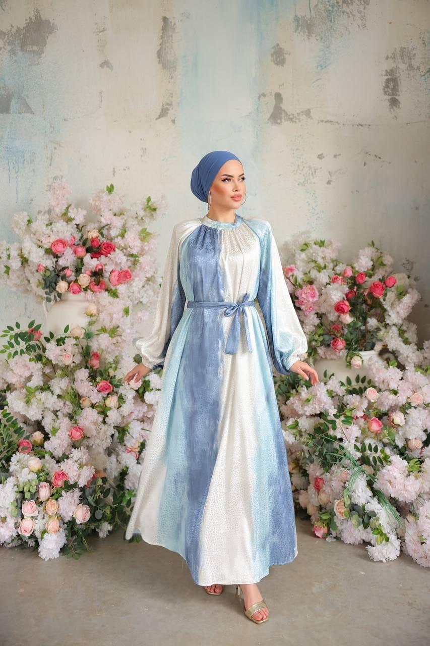 Mavi Saten Jaccar Desenli Uzun Tesettür Elbise Fdl1861