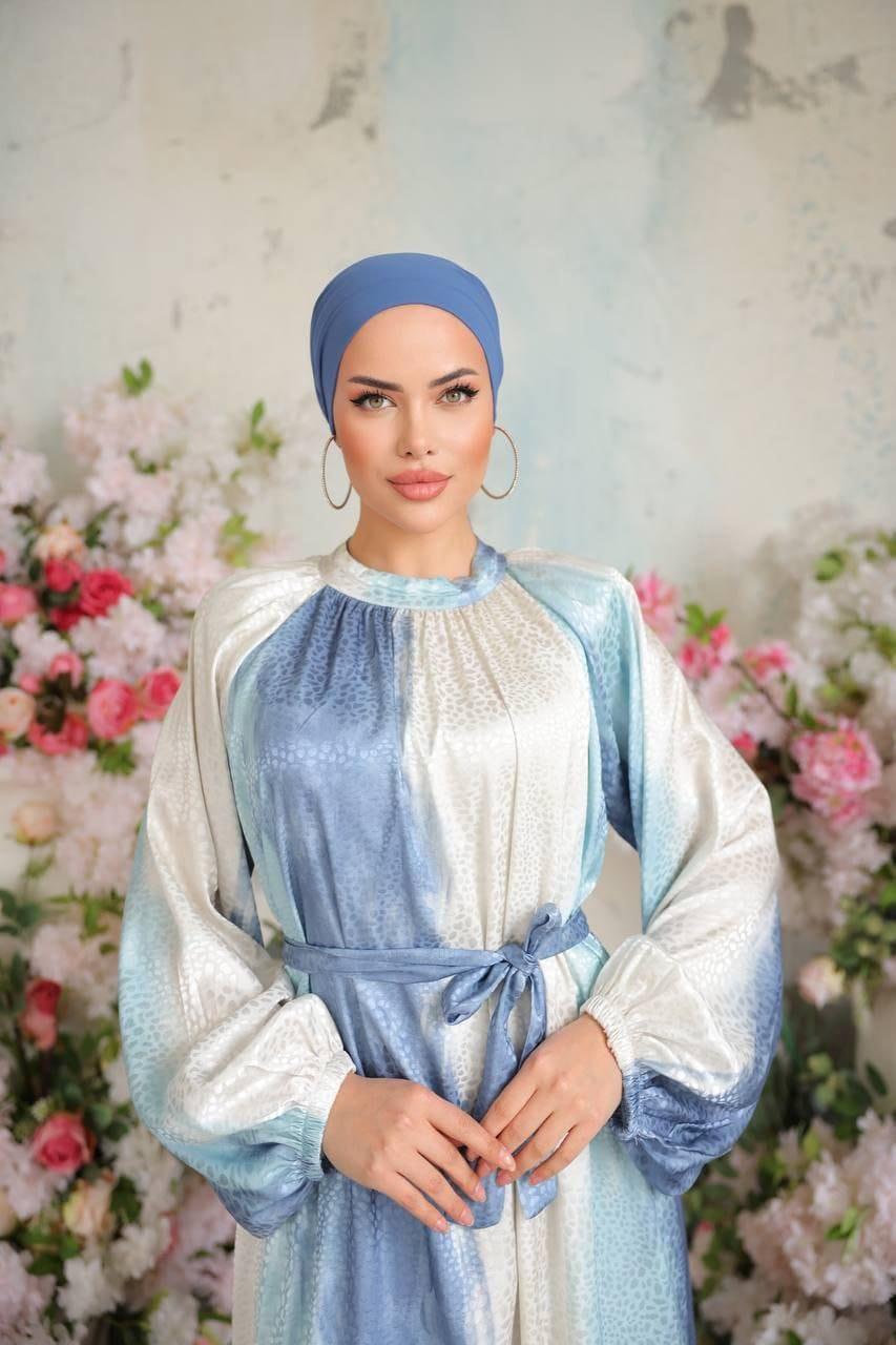 Mavi Saten Jaccar Desenli Uzun Tesettür Elbise Fdl1861