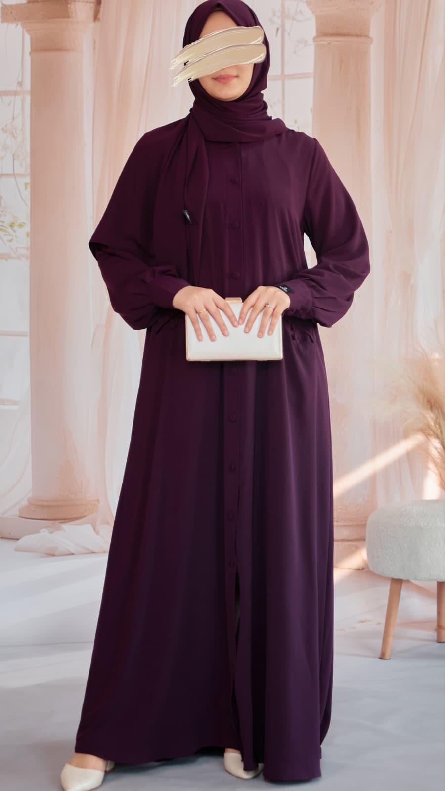 Mürdüm Kaplama Düğmeli Şallı Ferace 5117