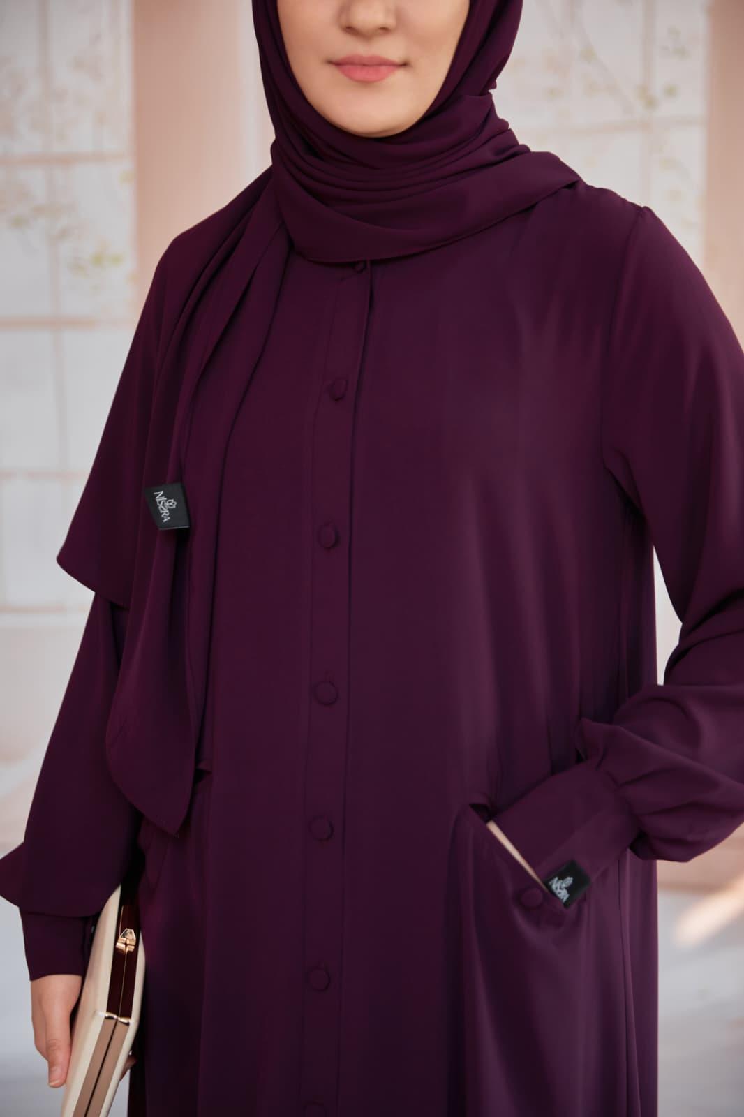 Mürdüm Kaplama Düğmeli Şallı Ferace 5117