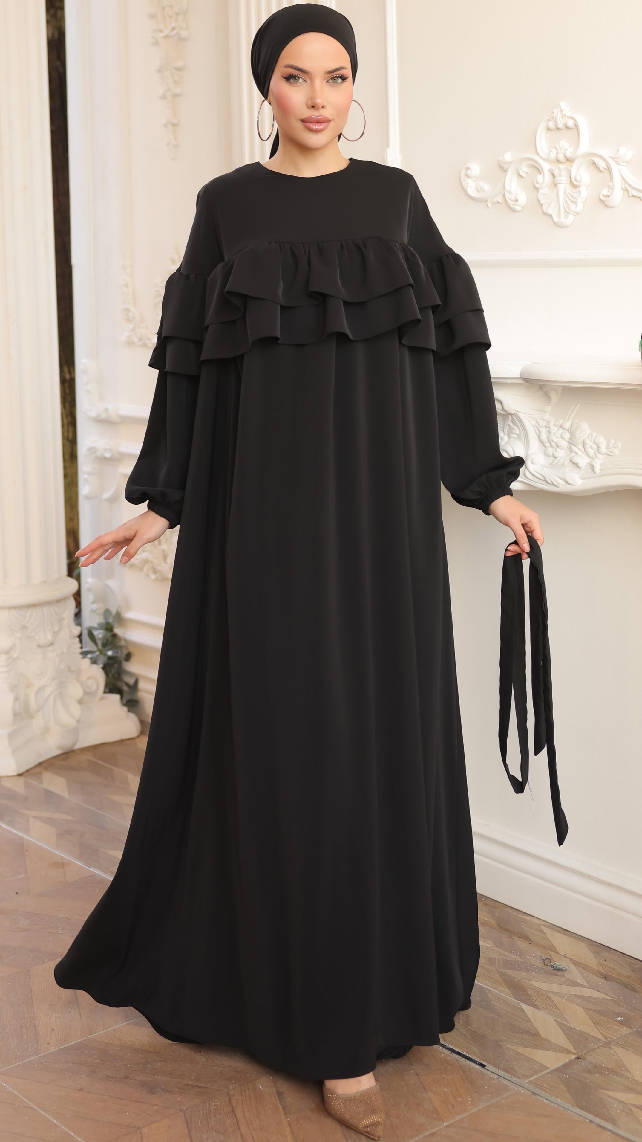 Siyah Çift Fırfırlı Elbise 5068